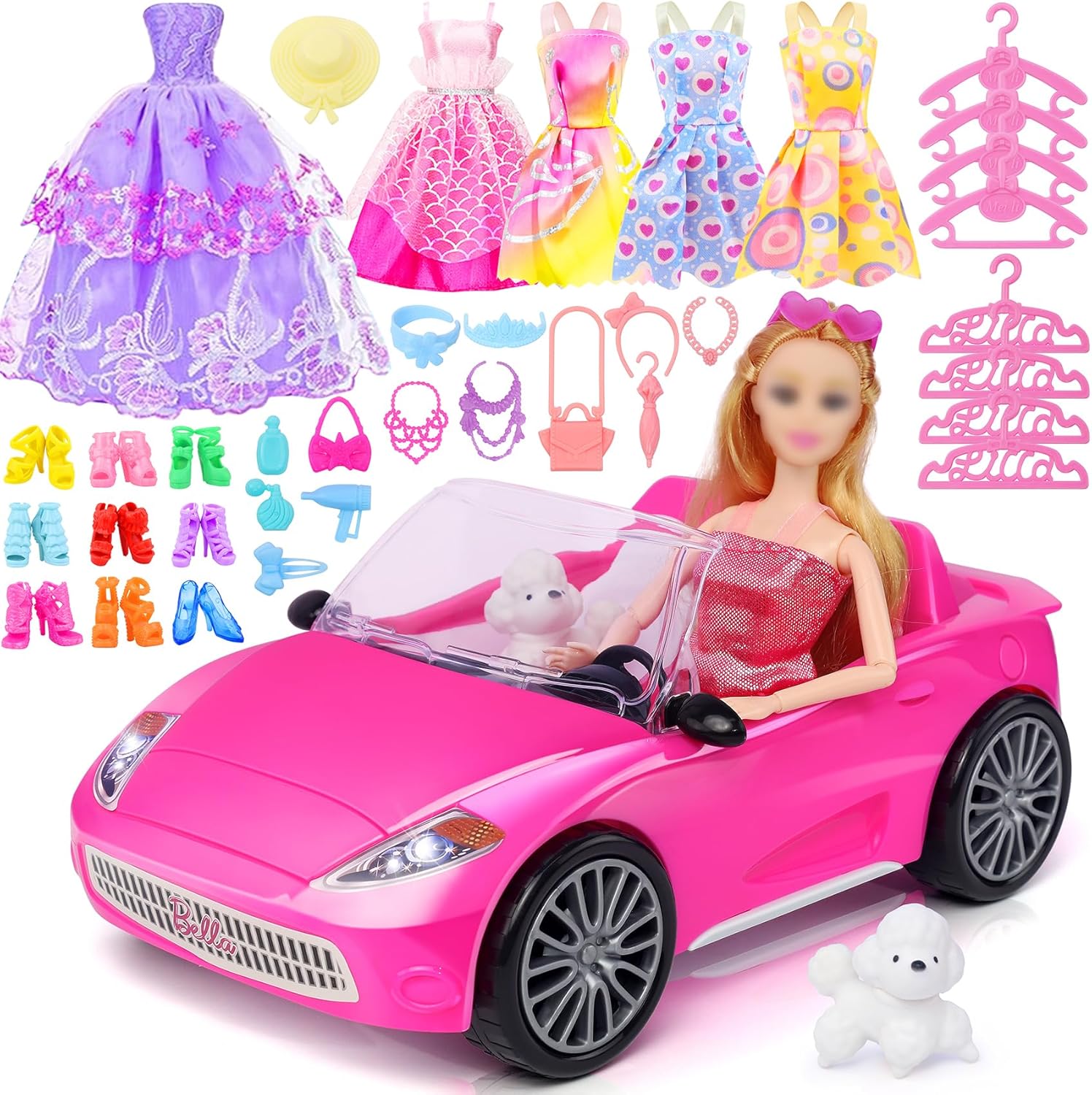 78 Pcs 11.5 Inch Doll Rose Convertible Toy Car Playset, Toys for Kids Including 11.5 in Girl Dolls, Toy Car, 1 Fancy Dress, 3 Regular Dress, 1 Fashion Dress, 71 Doll Accessories