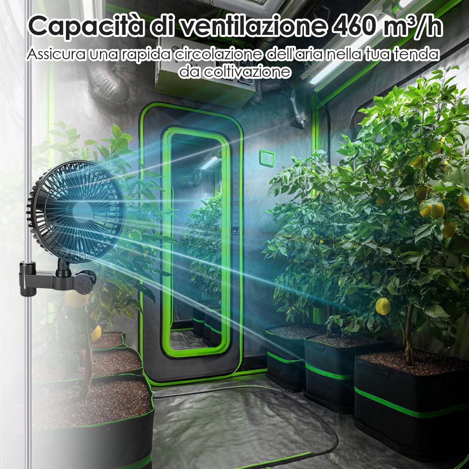 Grow Ventilatore con Clip, 4 Livelli di Velocità, Classe di Protezione IP-44, Motore EC, Ventilatore Oscillante a Morsetto per Growbox/Tenda, Potenza 10W