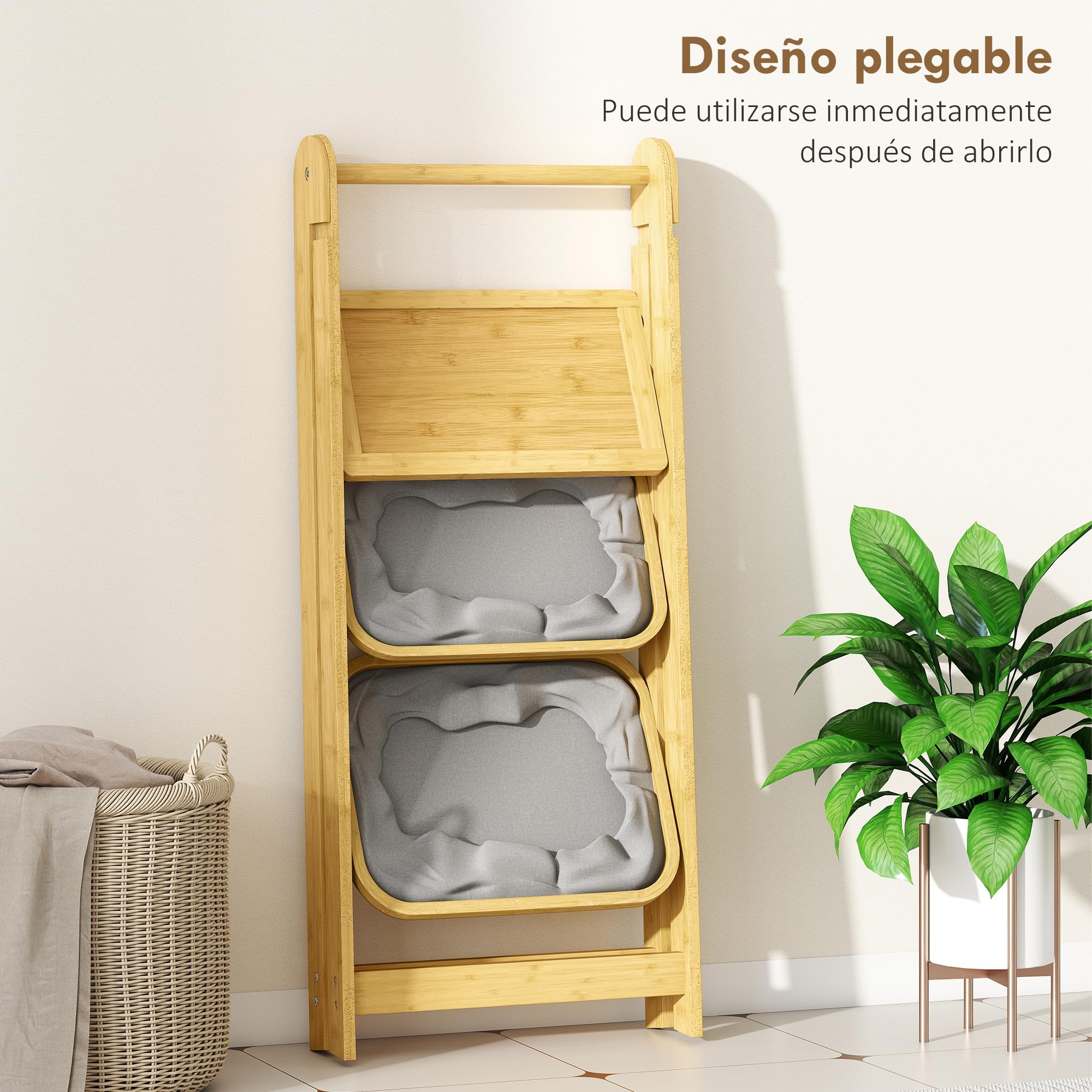 HOMCOM Estantería para Baño Plegable de Bambú, 2 Cestos Ropa Sucia, Gris