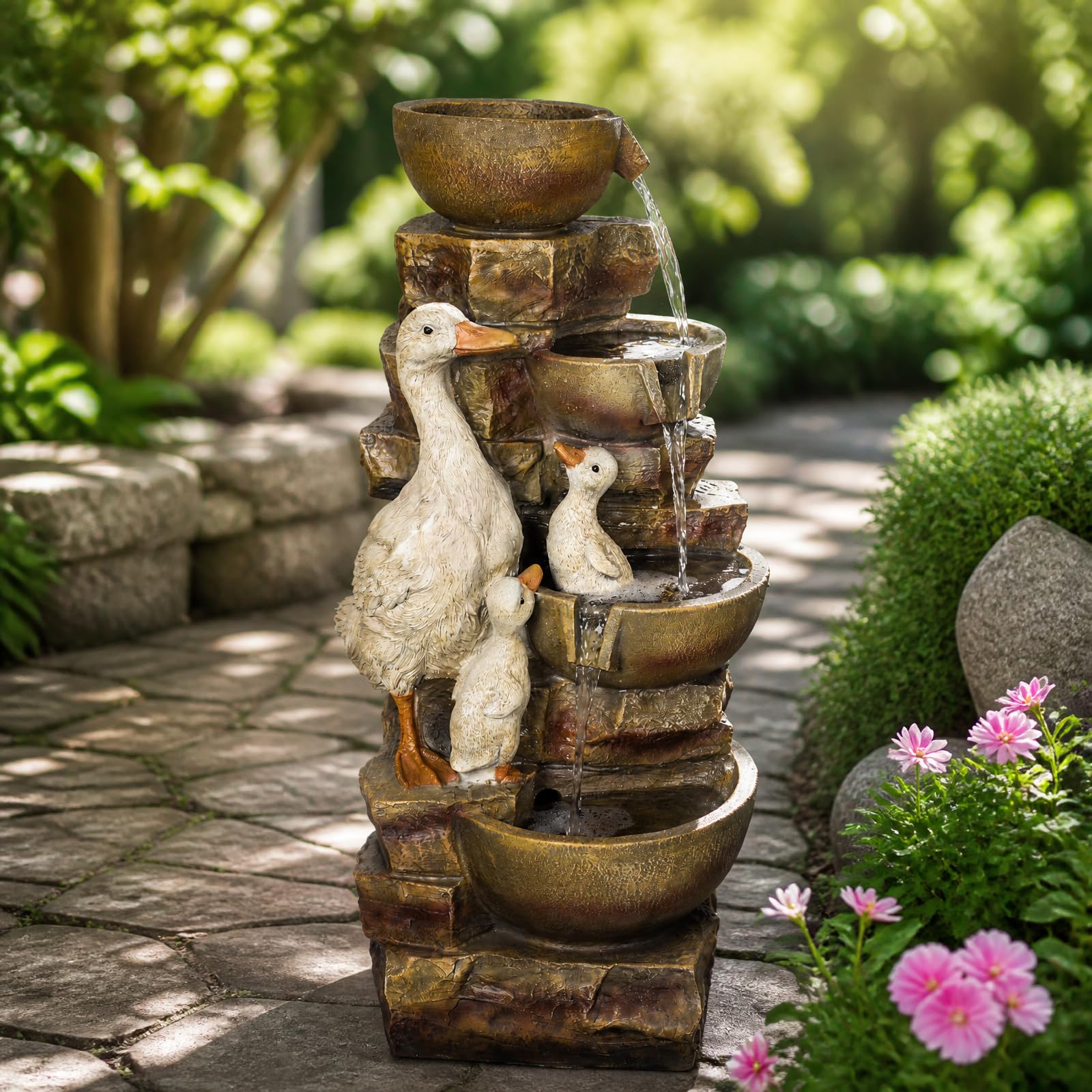 Duck Family Outdoor Water Fountain, Resin with LED, 31.5 in