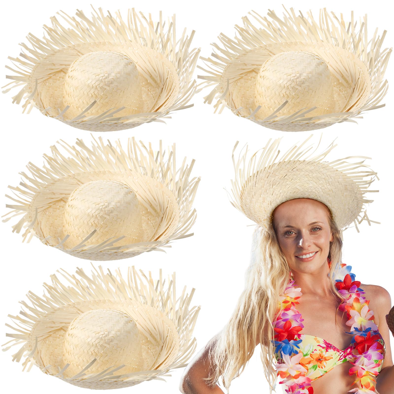 Patelai Lot de 4 chapeaux de paille hawaïens - Accessoire de costume de plage - Chapeaux pour fête sur le thème de la plage