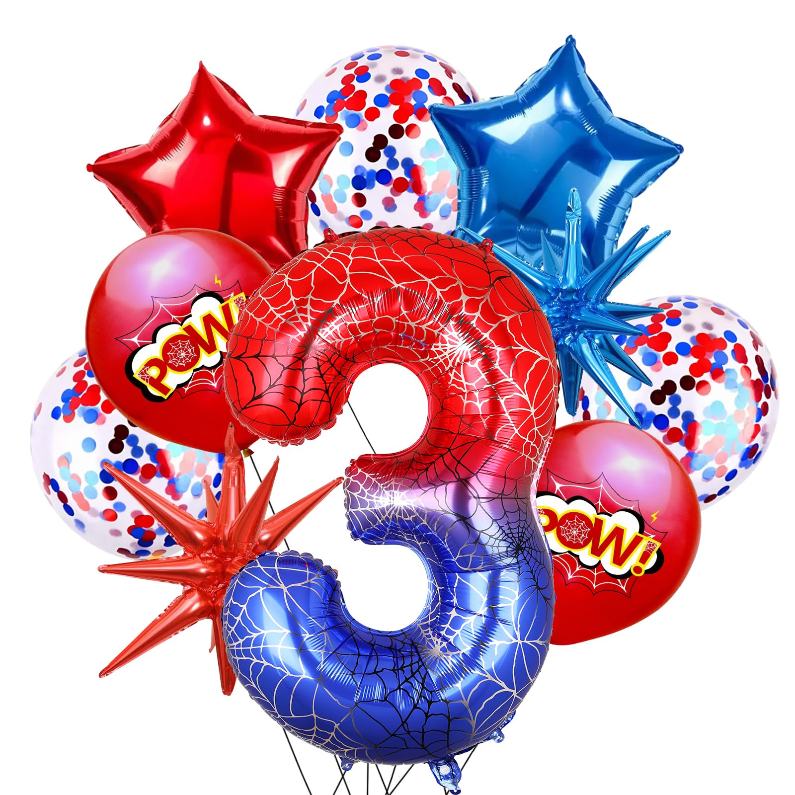 Photo 1 of 10Pcs 40 Inch Spider Theme Number 3 Foil Balloons Birthday Decoration Cartoon Hero Red and Blue Spider Web Design for Kids Large Mylar 3rd Number Balloon Cartoon Party Birthday Supplies