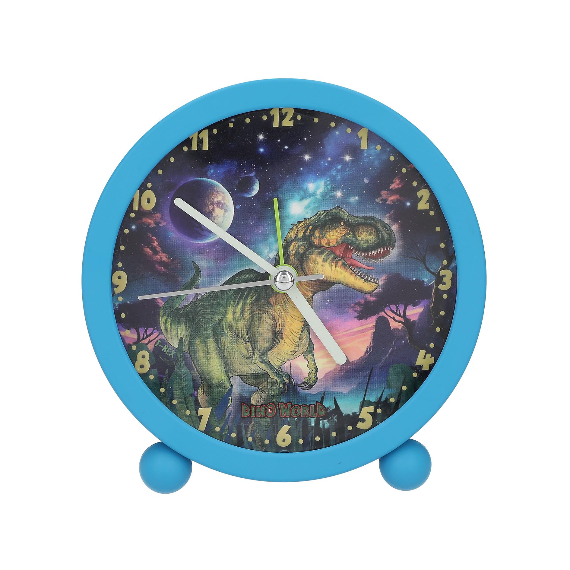 Depesche 13313 Dino World Galaxy Alarm Clock in Blue for Children with Dinosaur Motif, Silent Clock with Light Function, Includes Battery