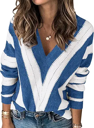 PRETTYGARDEN Sweaters for Women 2025 Long Sleeve Striped Knitted V Neck Pullover Jumper Tops Fall Outfits Fashion Clothing