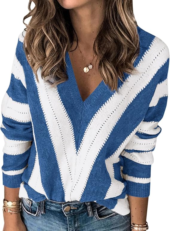PRETTYGARDEN Sweaters for Women 2025 Long Sleeve Striped Knitted V Neck Pullover Jumper Tops Fall Outfits Fashion Clothing