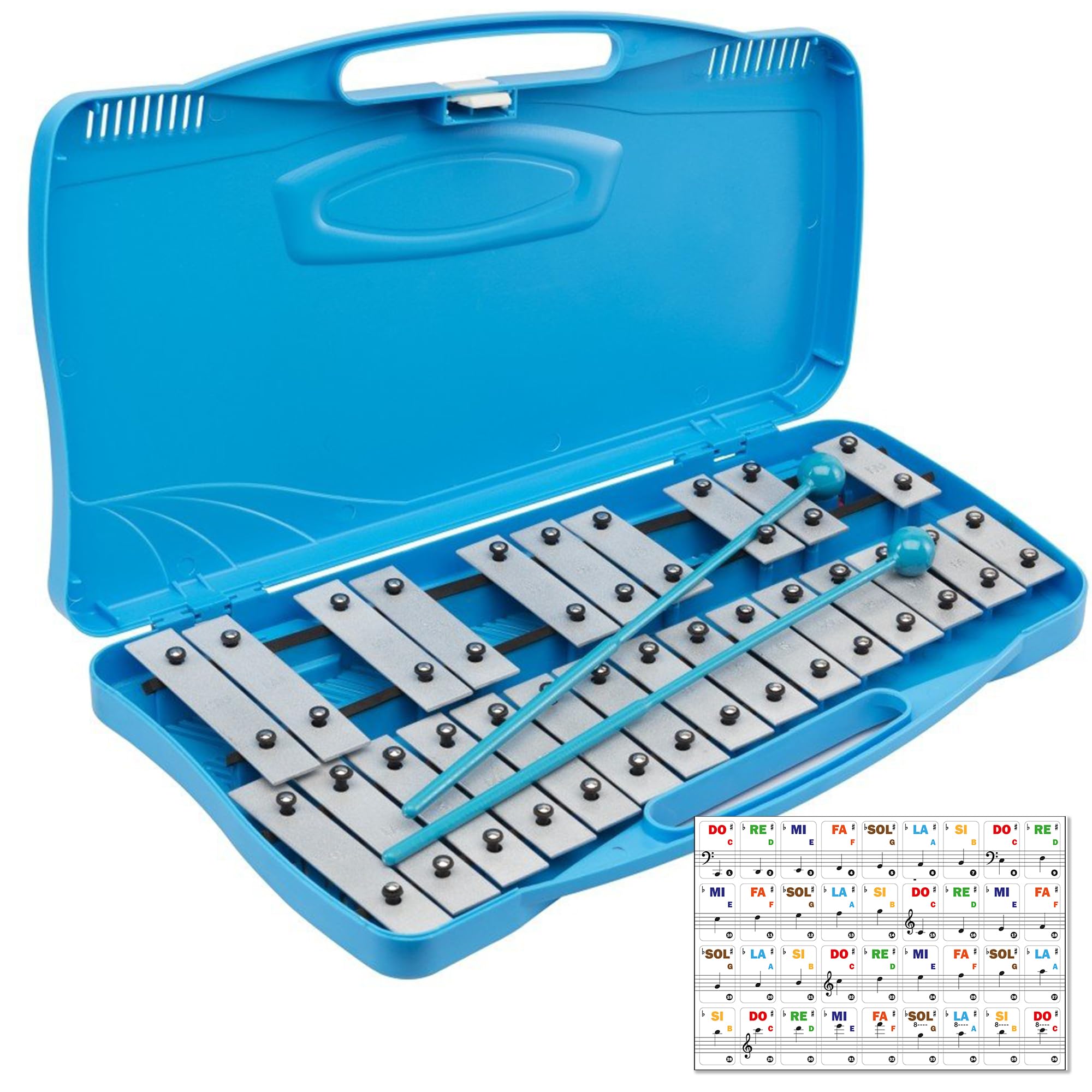 ffalstaff Metallofono con 25 Piastre argentate | custodia rigida Blu con maniglia incorporata | due battenti inclusi con lo strumento | Adesivi con notazione Italiana