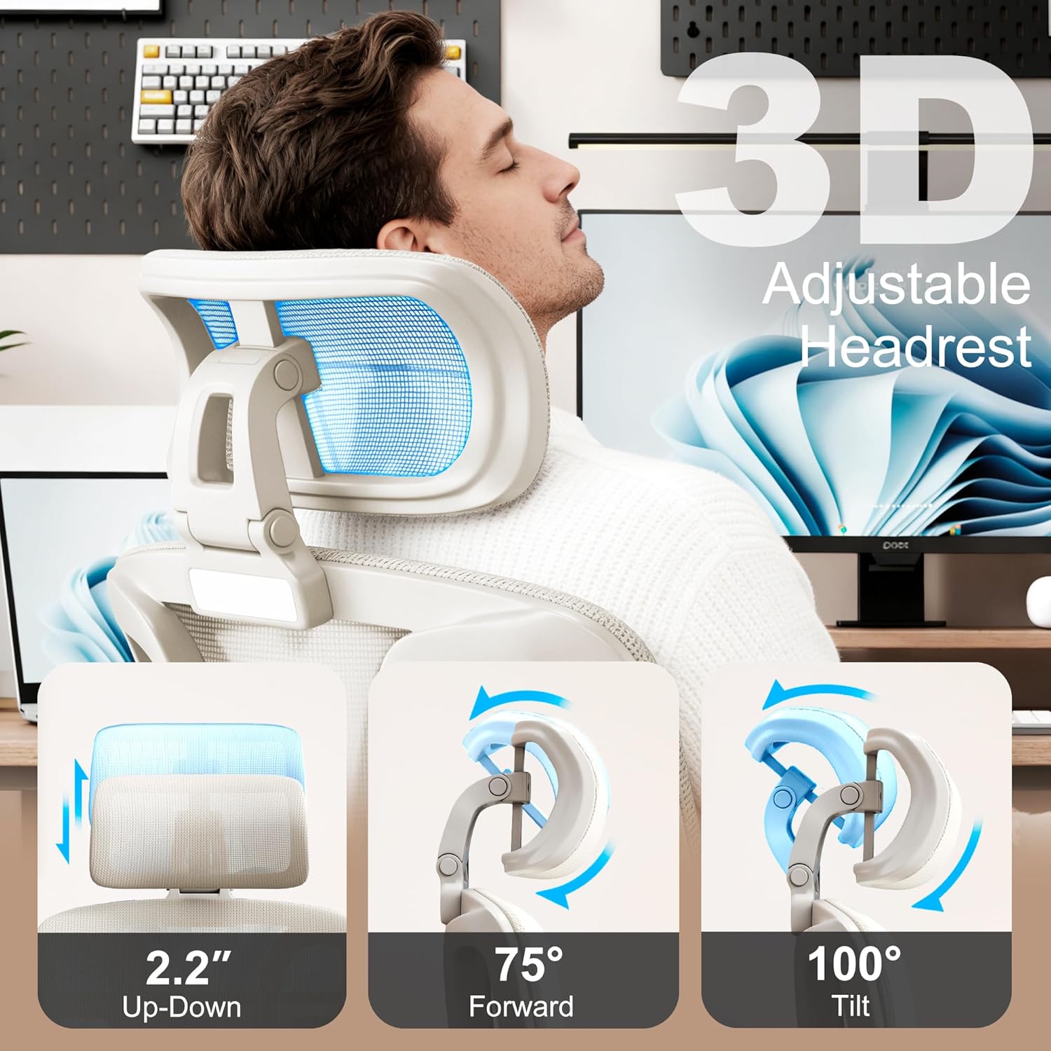 Vonesse Ergonomic Office Chair with Footrest, Desk Chairs with Adjustable 3D Headrest and Armrests, Computer Gaming Chair with Dynamic Lumbar Support & Adjustable Depth Breathable Mesh Seat (White)