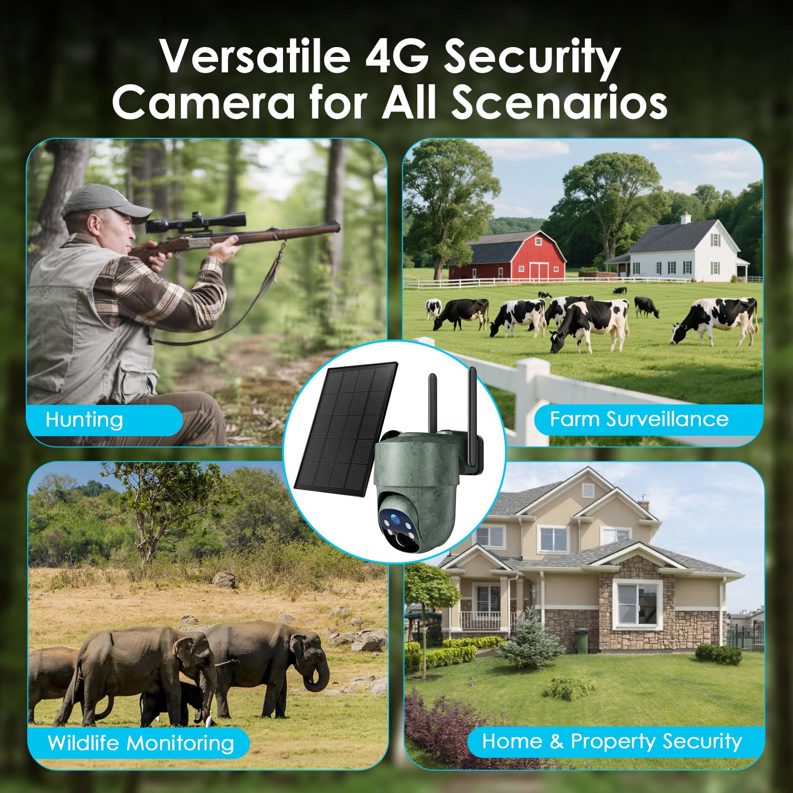 WOLFANG Fotocamera da Caccia 4G con SIM, 2.5K Telecamera Esterna con Pannello Solare e APP, 360° PTZ Fototrappola Infrarossi Invisibili, Visione Notturna a Colori, Rilevamento PIR, Impermeabile IP66