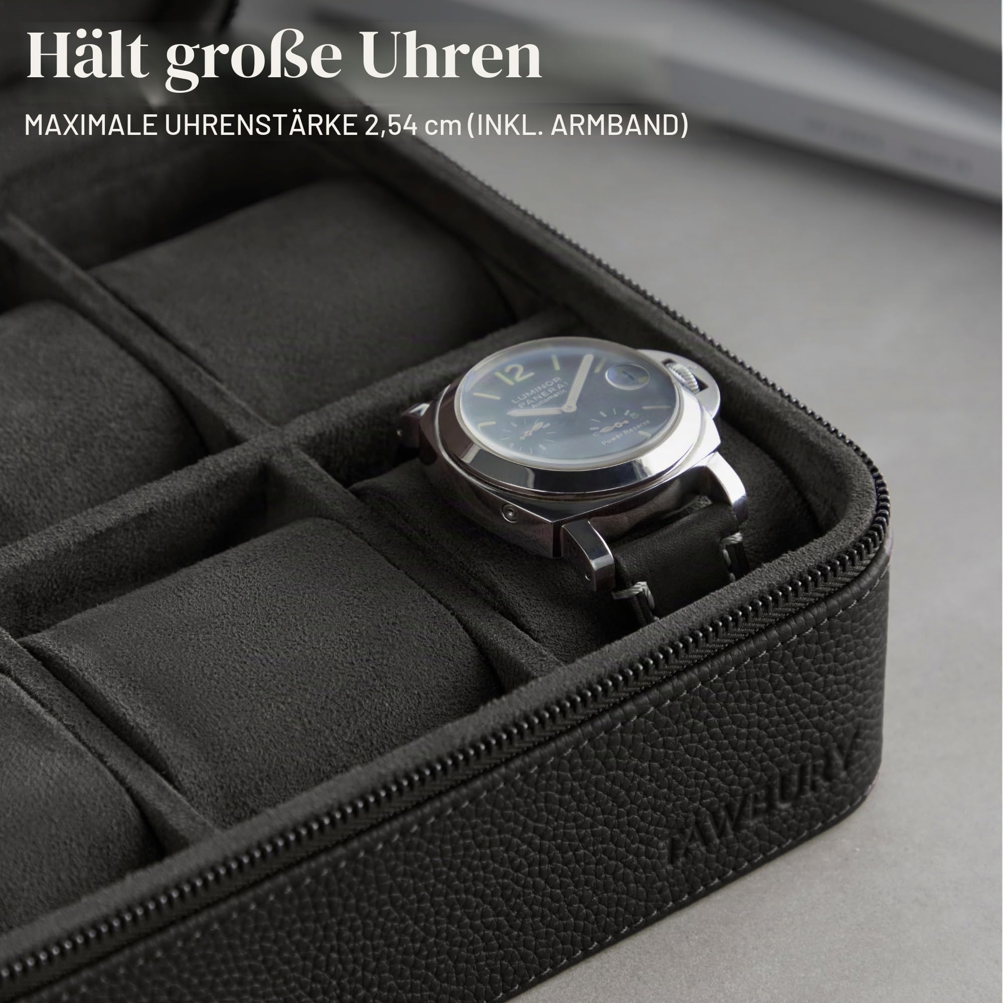 TAWBURY Leder-Uhrenbox mit 8 Fächern – Elegante und sichere Aufbewahrung für Ihre Uhren (Schwarz)