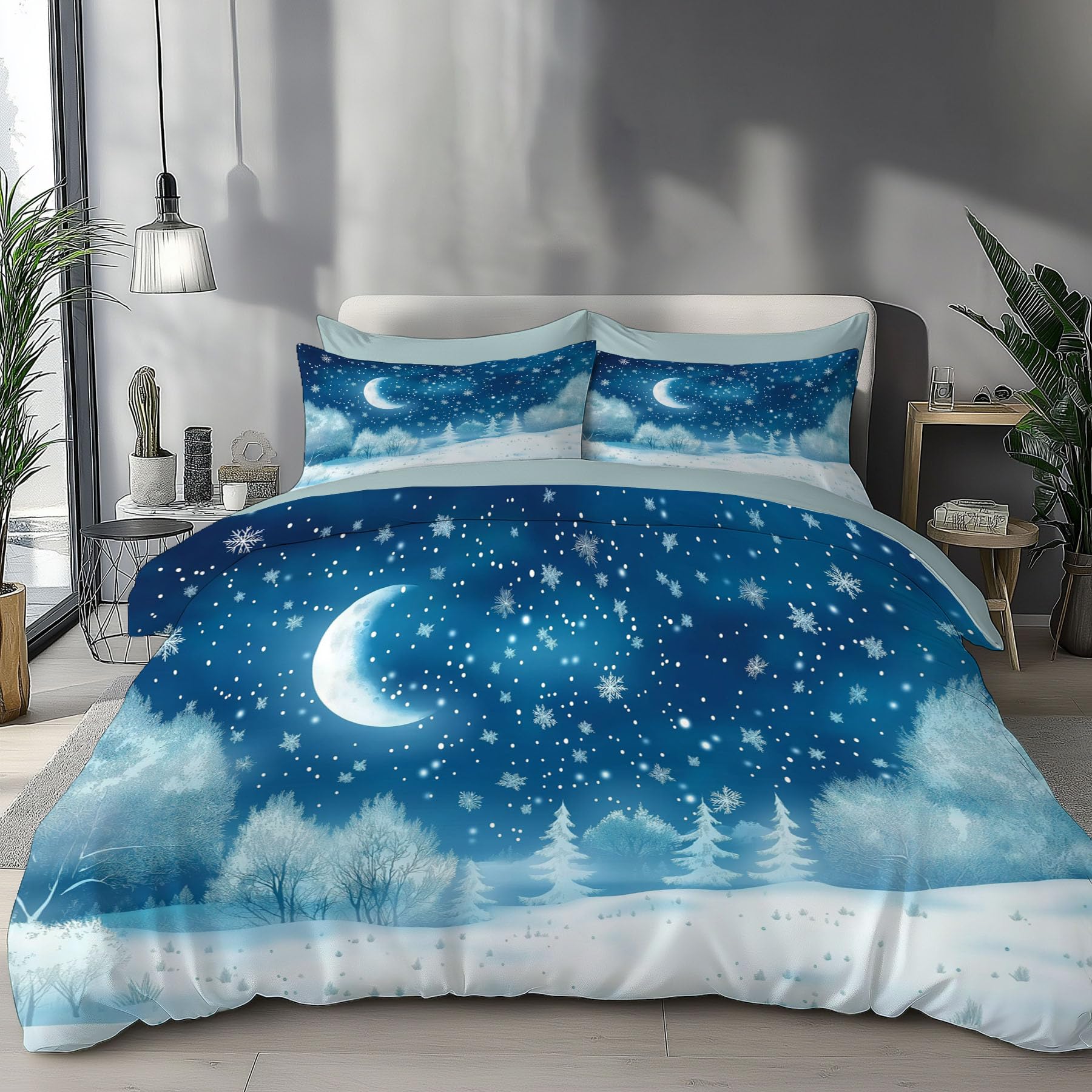 Housse de Couette Flocon De Neige Lune 220x240 Bleu Forêt Parure Lit 2 Personnes
