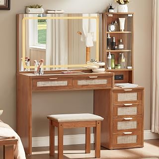 LEYAOYAO Fluted Makeup Vanity Desk with Lights & Mirror, 43.5" Blue Glass Top Vanity Table, 6 Drawers, Power Outlet & Adjustable Shelves for Bedroom