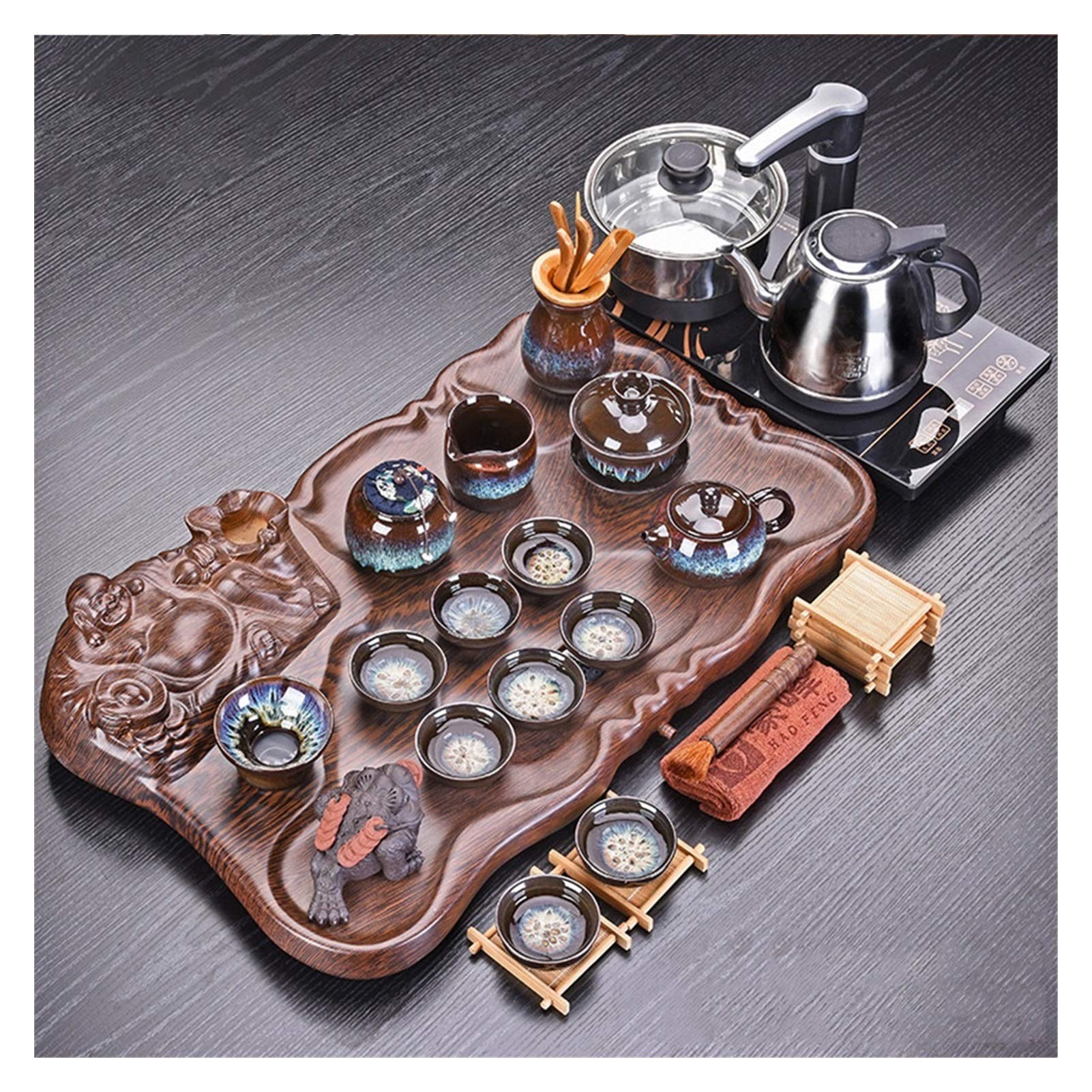 DFGHNBVC Tea Set, Chinese Ceramic Kung Fu Tea Set With Tea Tray And Small Tea Tools, Gongfu Tea Tray Tea Service, With Automatic Water Heater, Tea Cup, Tea Bowl,63X36X5Cm
