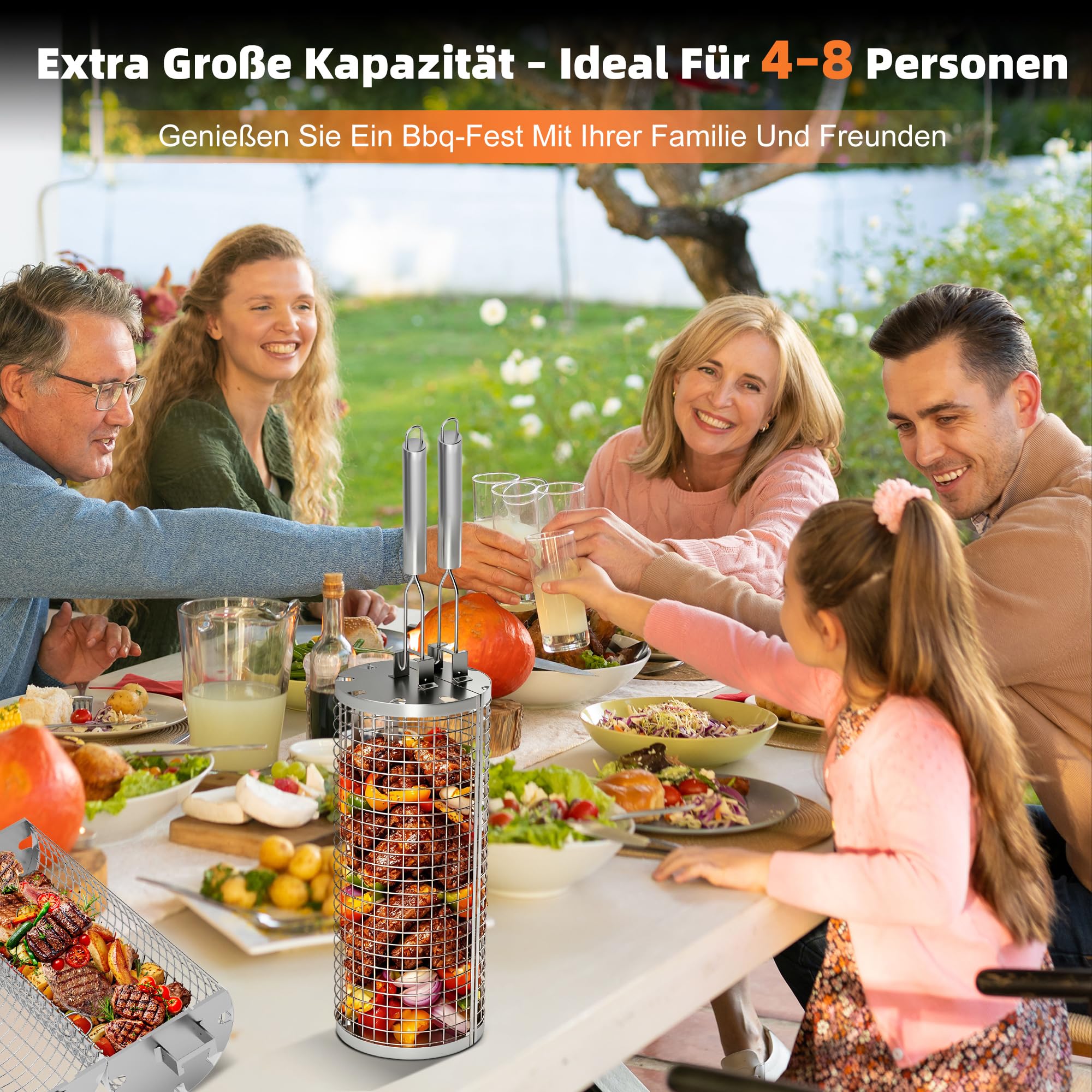 JUAUO 2-Stück Grillzubehör, Seitlicher Öffnung Zylindrischer Rotierender Grillkorb Set mit Edelstahl Griff, Praktisches Geschenke für Grillliebhaber, für Gemüse, Fleisch, Meeresfrüchte am Außengrill