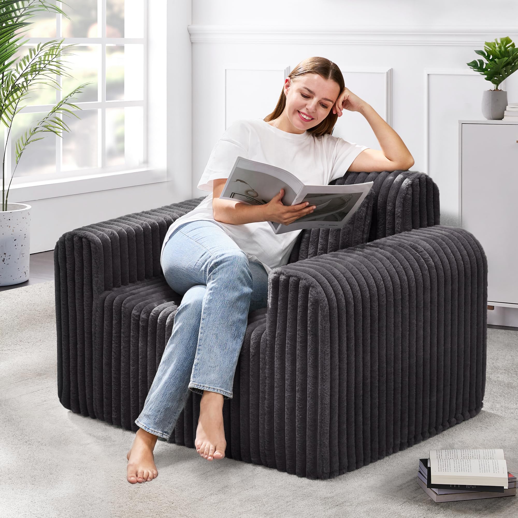 Hobestluk - Foam Single Sofa for Small Spaces, Comfy Sofas with Removable Cover, Furry Sofa with Pillows for Living Room, Bedroom, Apartment, Office (Dark Grey, Standard)
