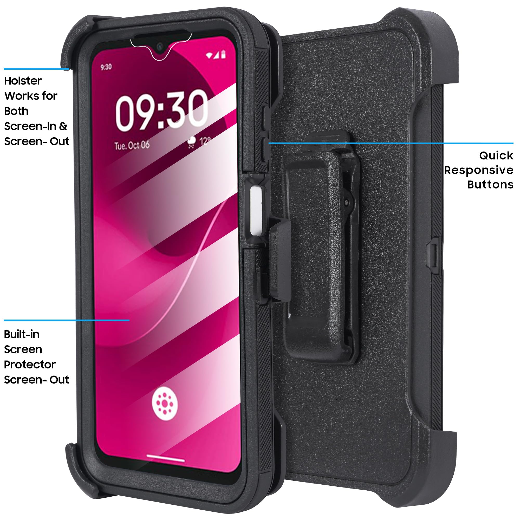 Custodia robusta compatibile con REVVL 8 con fondina con clip per cintura e protezione schermo integrata, resistente copertura antiurto integrale (nero)