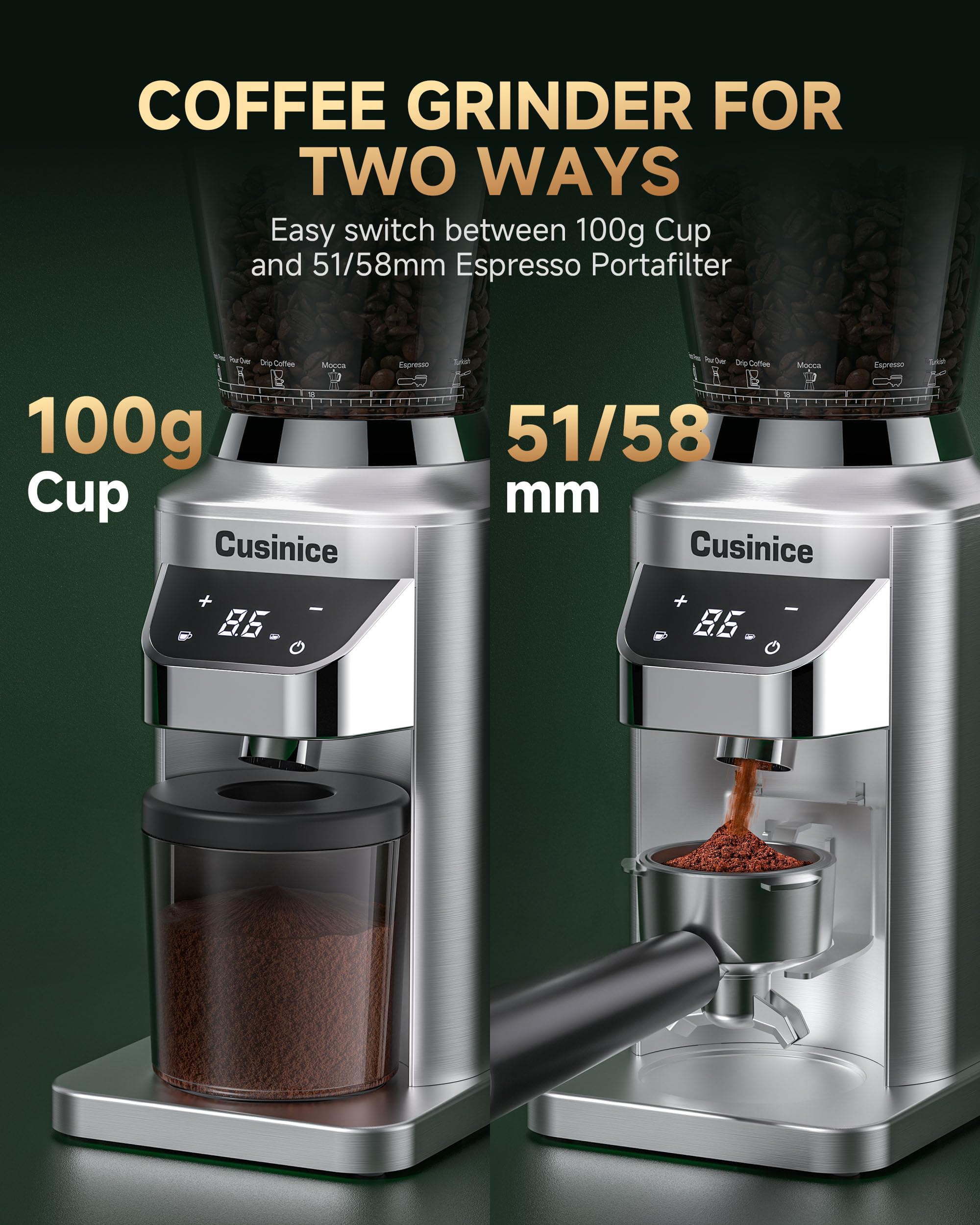 Molinillo de café cónico – Molinillo eléctrico de espresso con 34 ajustes precisos – antiestático para uso doméstico, tolva de 320.3 g, acero inoxidable, plateado