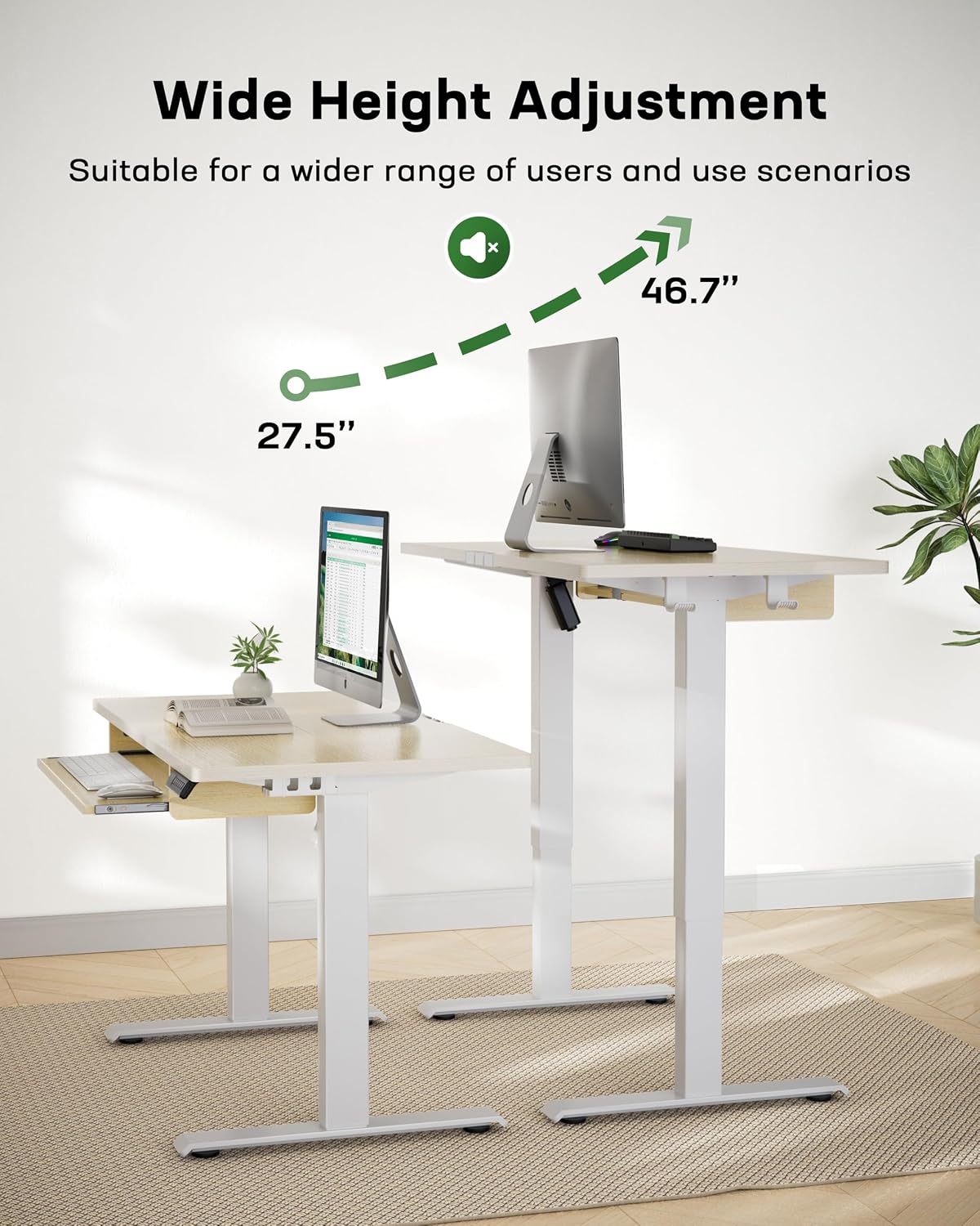 Diagram showing the Marsail standing desk adjusting height from 27.5 inches to 46.7 inches, indicating a wide height adjustment range.