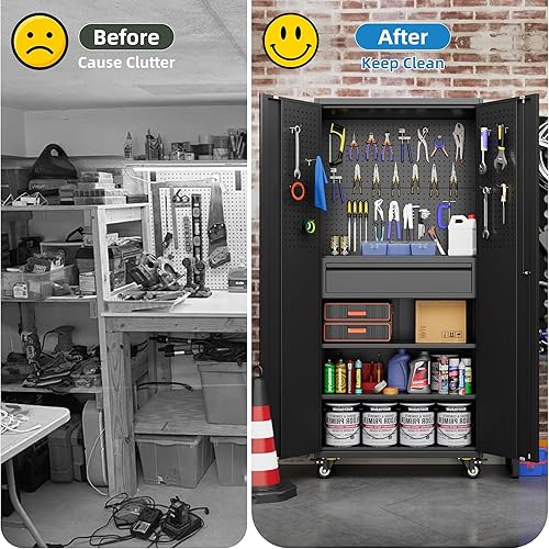 Miniatura 165 de Armario de almacenamiento de metal con tablero de clavijas de 31.5 x 31.5 x 16.5 pulgadas, armario de almacenamiento de acero con cerradura con 5