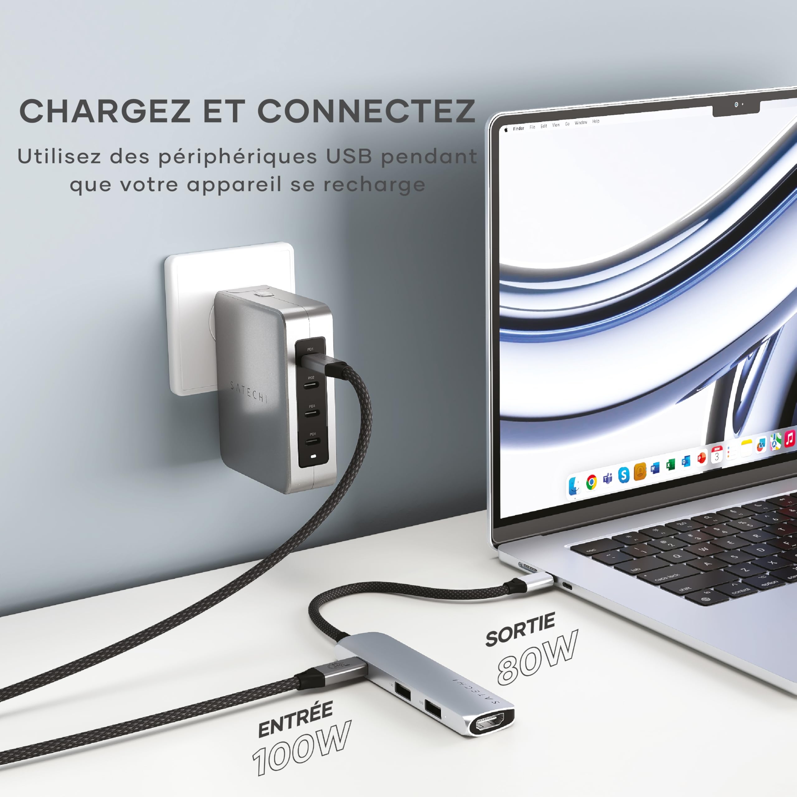 SATECHI Hub USB C 4 en 1 Slim Plus, PD 100W, HDMI 4K, Argent | 2x Ports USB-A 10Gbps, vidéo 4K@60Hz, pour MacBook Air/Pro/Neo, PC portables Windows et plus