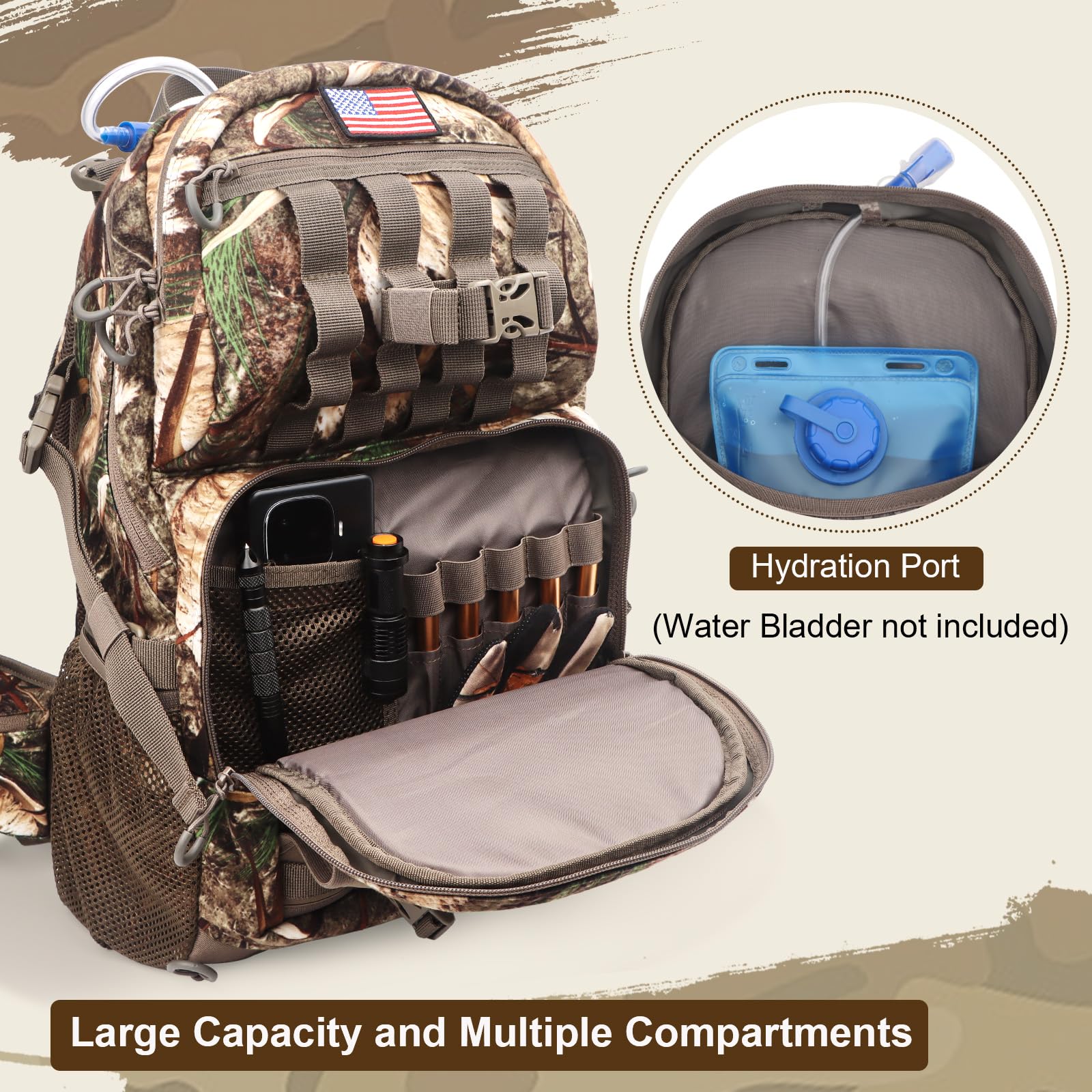 Mochila de caza, mochilas de caza de camuflaje y bolsas de lona, resistente al agua, de larga duración, mochila de arco de gran capacidad