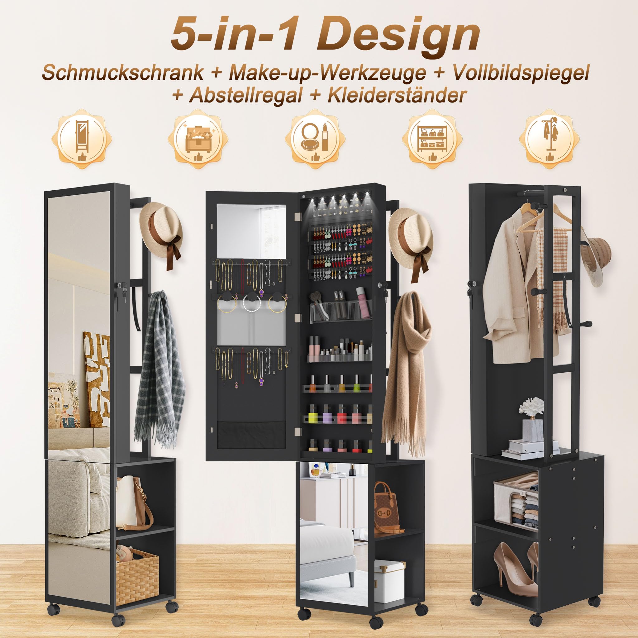 FIVMEN Schmuckschrank mit Spiegel Spiegelschrank Schminkschrank mit Rollen und 6 LEDs Abschließbar Schmuckaufbewahrung Make-Up Organizer 3 in 1 mit Ganzkörperspiegel Standspiegel, Schwarz