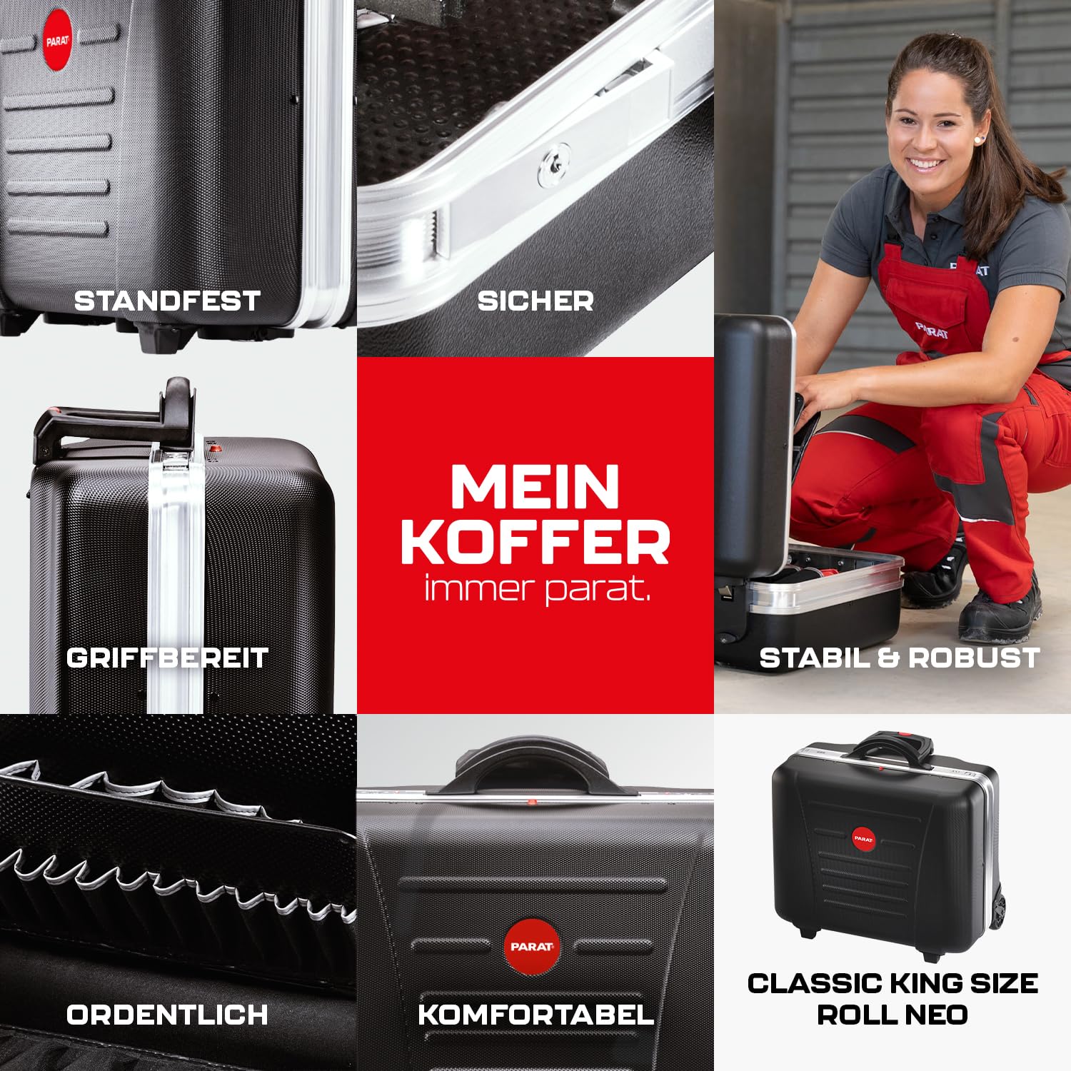 PARAT CLASSIC KingSize Roll neo CP-7 | Werkzeugkoffer leer für 60 Werkzeuge | Inkl. BASIC Roll-Up Case 8 | Rollkoffer mit CP-7 Halterungen | Bodenschale & Dokumentenfach | mit Teleskopauszug & Rollen