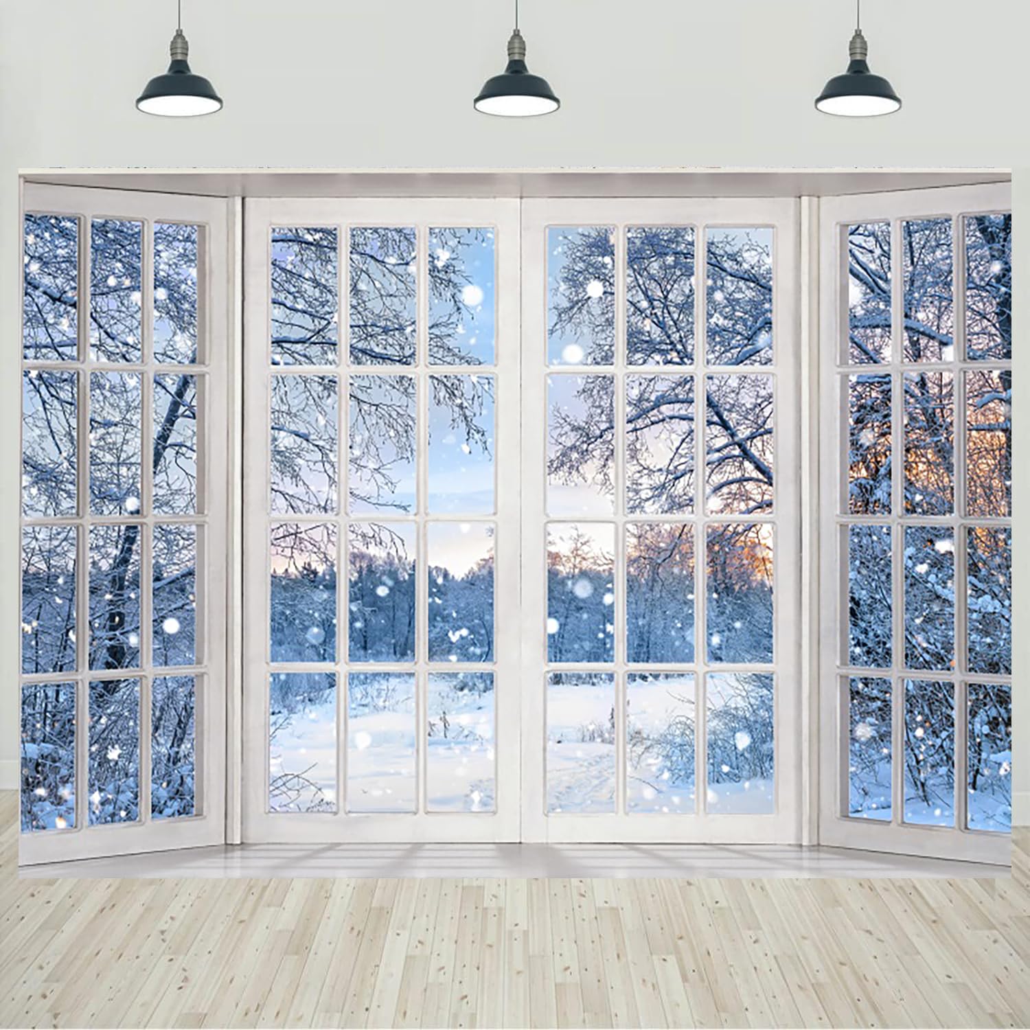 7x5ft Fabric Christmas Winter Window Backdrop White Snow Forest Scene