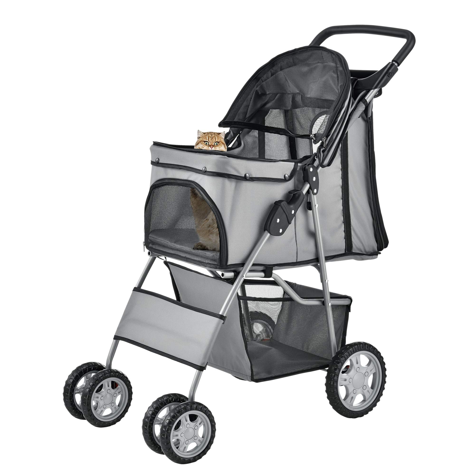 pro.tec Passeggino per Cani e Gatti Pieghevole Carrello Cabina Idrorepellente Ventilata 15 kg - Grigio