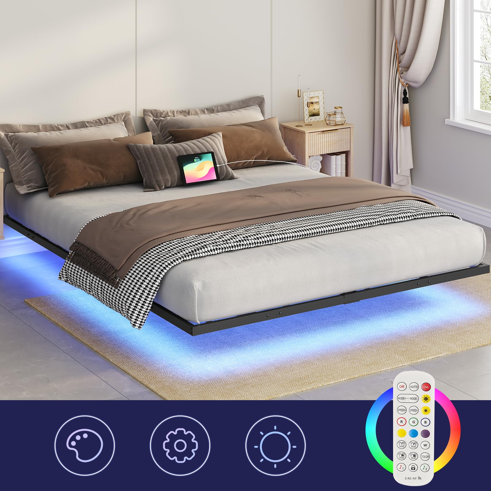 MAHANCRIS Marco de Cama de 160 x 200 cm con Base de Carga y Tiras LED, Marco de Cama de Metal Flotante, Cama Doble, para Dormitorio de Invitados, Color Negro ABFBK538UE01