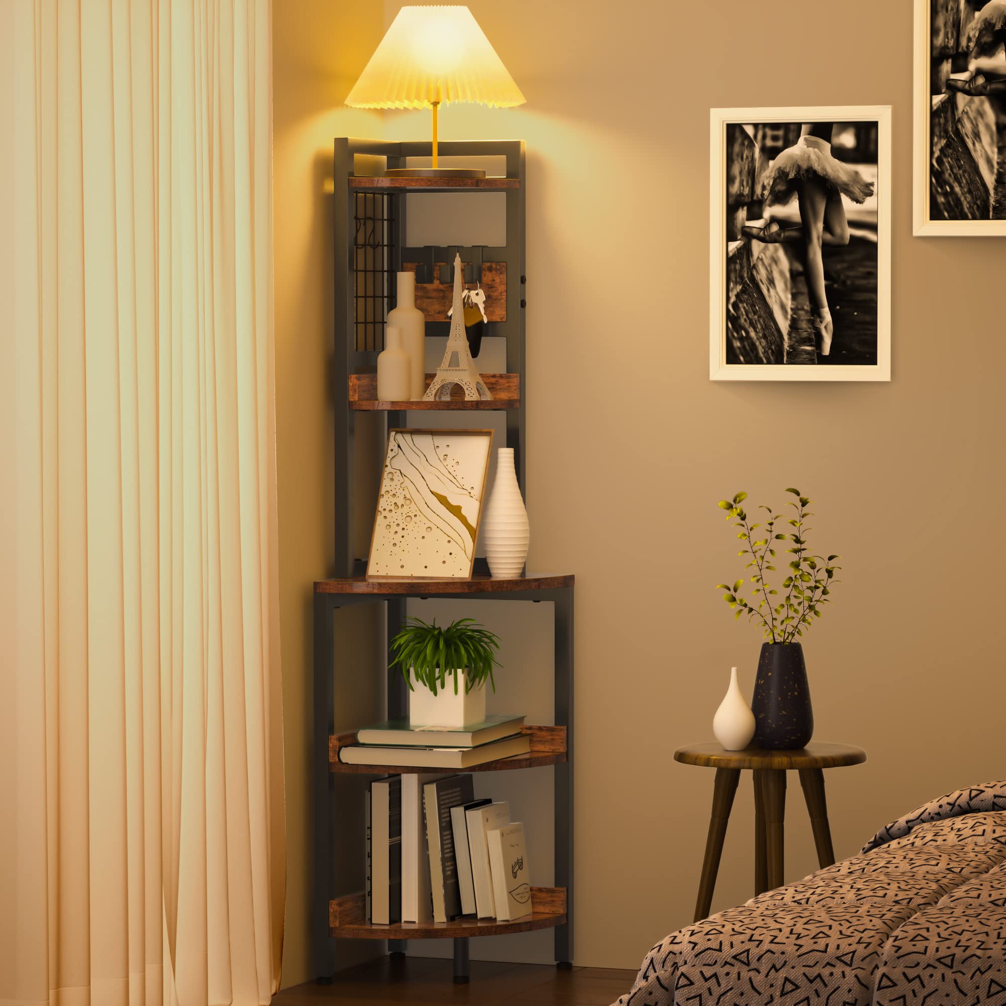 Dripex Mensola angolare a 5 ripiani, Scaffale ad Angolo, Portavasi, Libreria angolare per Ufficio, Studio, Soggiorno, Camera da Letto, Marrone Vintage e Nero, 40x40x152cm