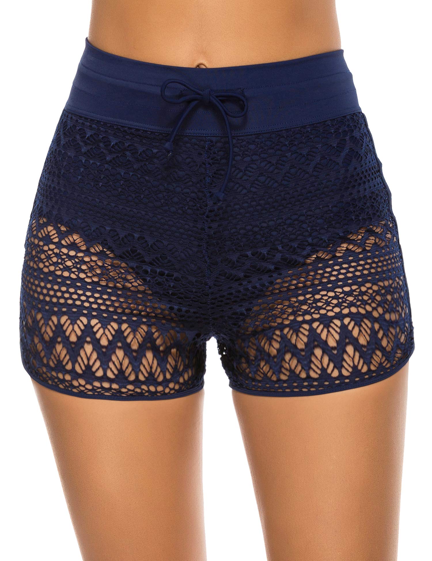 lecieldusoir Women's Swim Shorts High Waist Boyshorts Lace Hollow Out Bikini Boardshorts Tankini Sport Workout Bottoms Navy Blue-picture-35