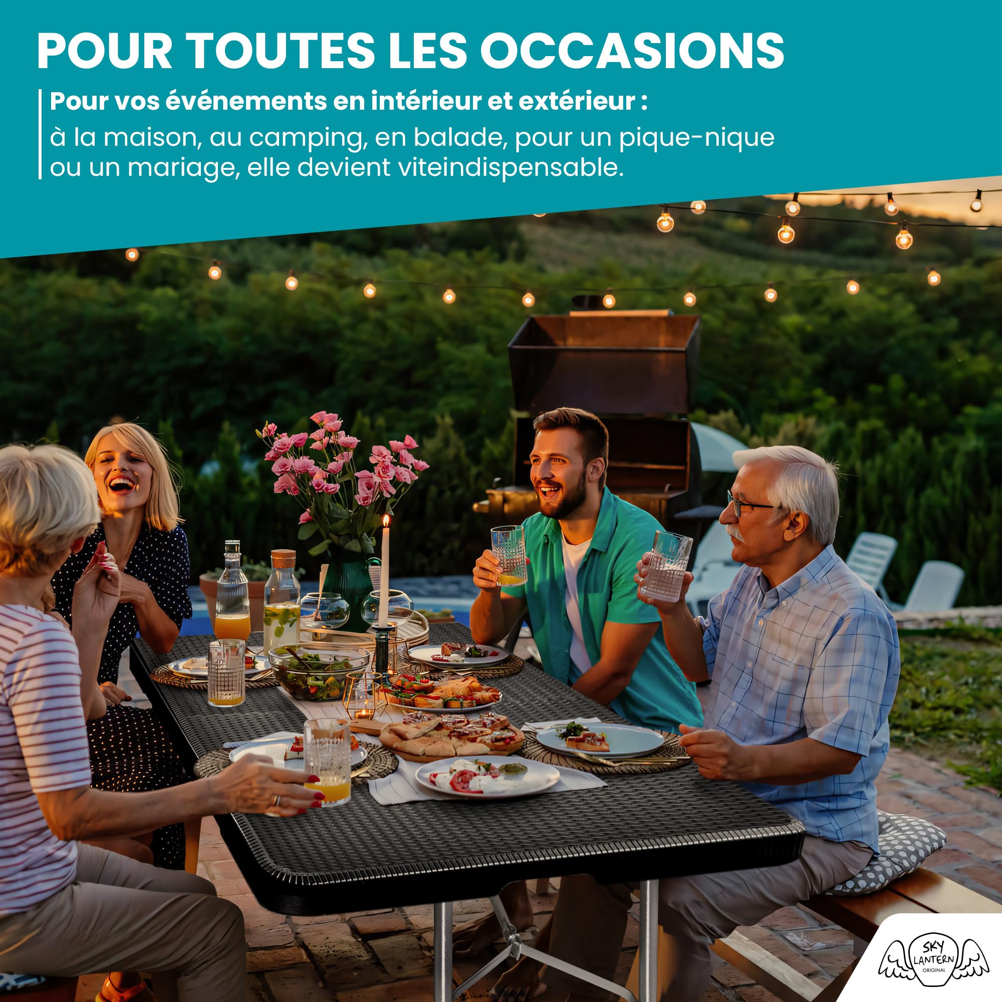 Table Pliante Rectangulaire 180 cm 6/8 Personnes HDPE 3,5 cm Pied Acier Jardin Camping