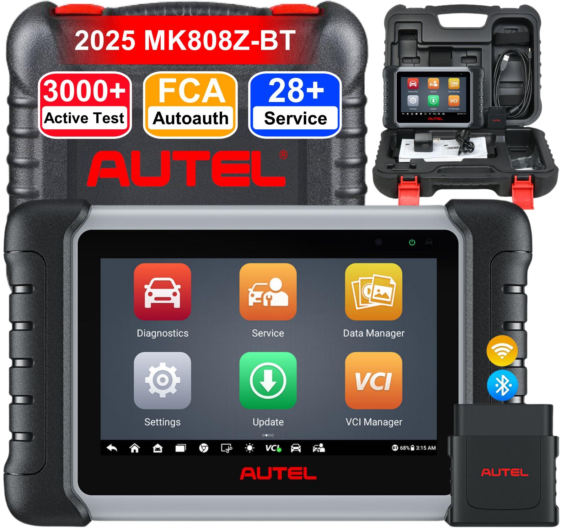 Autel MaxiCOM MK808Z-BT OBD2 Scanner, 2025 Bidirectional Diagnostic Tool, Up of MK808S MX808S MK808Z MK808BT, 28+ Service, OE All System Diagnostic, 3000+ Active Test, FCA, Alternative of MK900 MX900