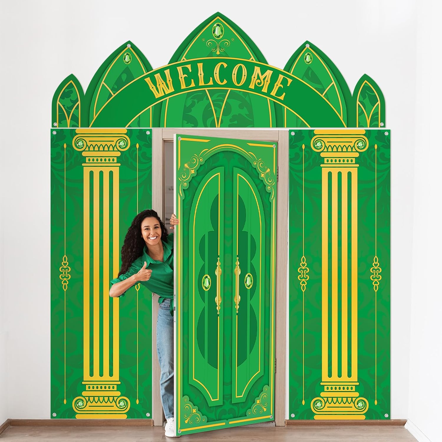 VitalCozy 4 Pcs Green Castle Door Cover 6.5 x 3 ft Green Castle Backdrop Fairytale Backdrop Wonderland Hanging Banner Porch Sign for Home Bar Backyard Decorations Halloween Cosplay Party Supplies