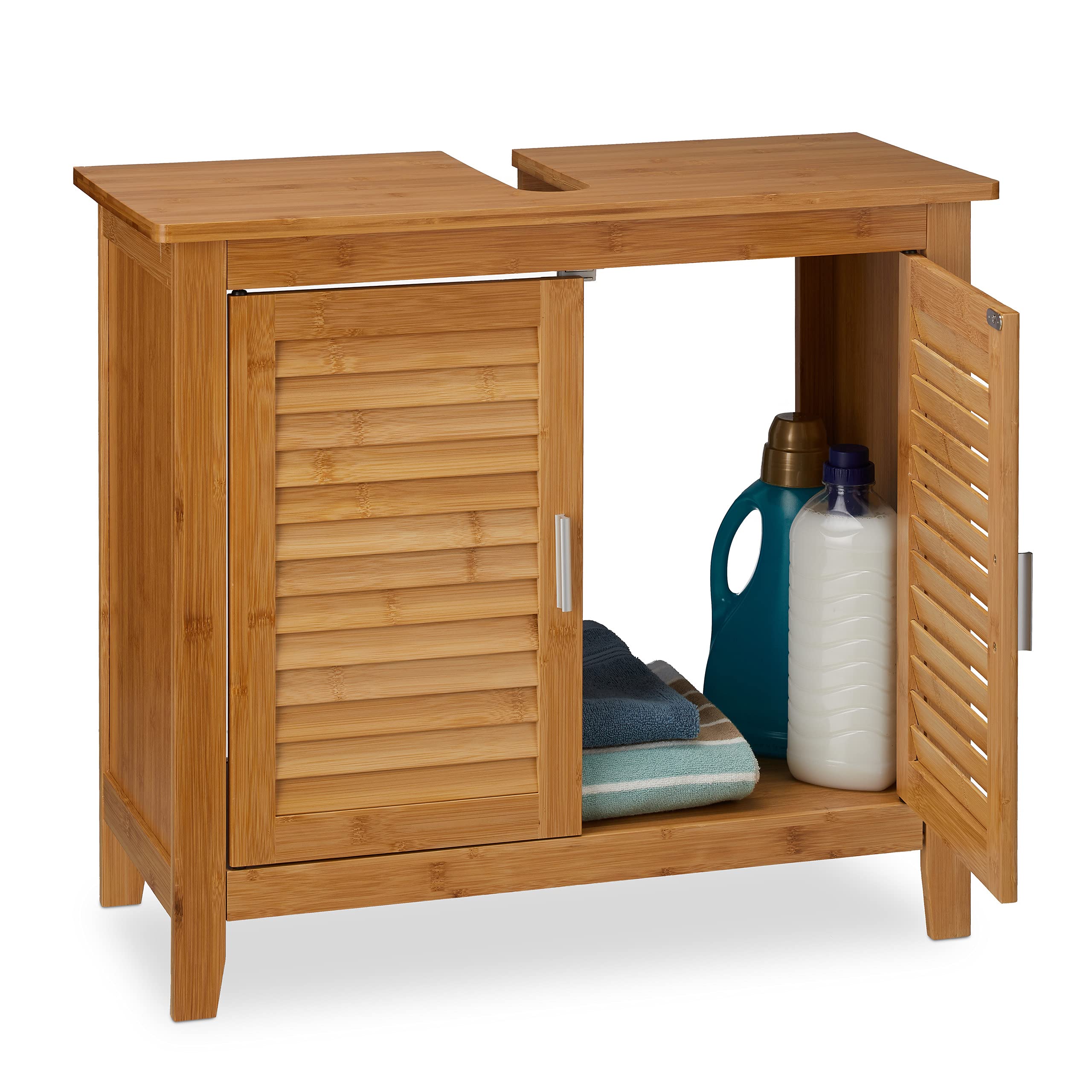 Relaxdays Waschbeckenunterschrank LAMELL, 2 Türen, Waschbecken & Waschtisch, Bambus & MDF, HBT: 60 x 67 x 30 cm, natur