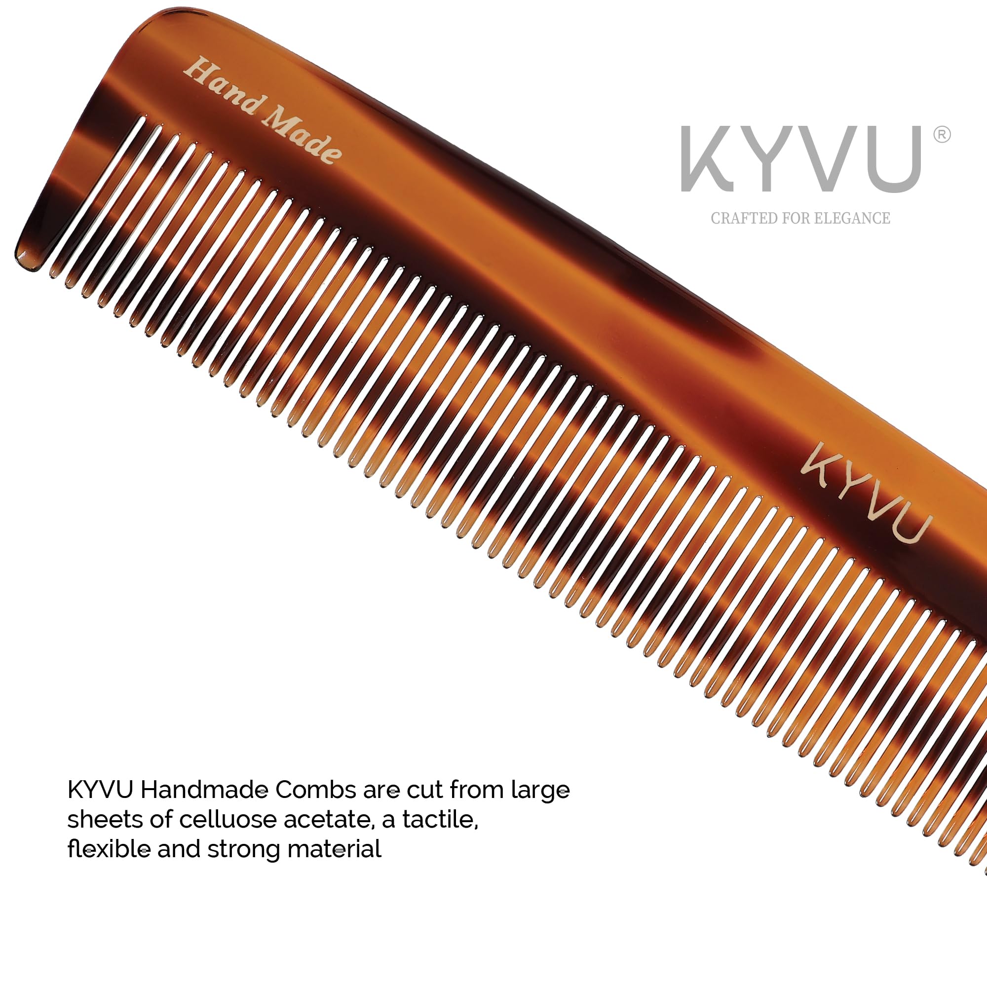 KYVU Handmade Cellulose Acetate Comb T6, 20.3 cm, FINE Teeth, Tortoiseshell Colour, Hair Styling for Men & Women - Image 2