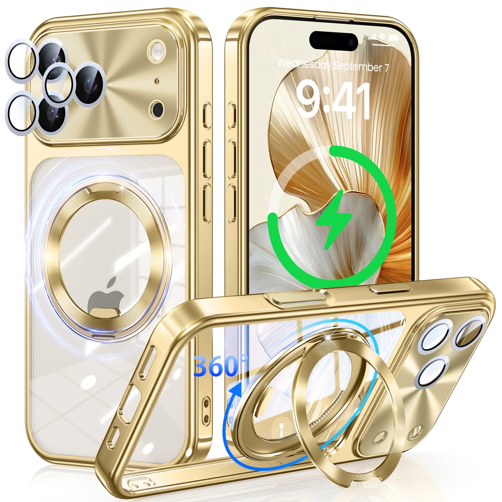 iPhone 17 Pro Max 用 ケース MagSafe対応 【回転歯車音CD模様リング付き+一体型CD模様カメラレンズ保護】 360度回転スタンド 縦横両対応 電気メッキバンパー OURJOY スマホケース アイフォン17 プロマックス クリア カバー 米軍規格 耐衝撃 マグネット搭載 ワイアレス充電対応 透明 薄型 おしゃれ・ゴールド