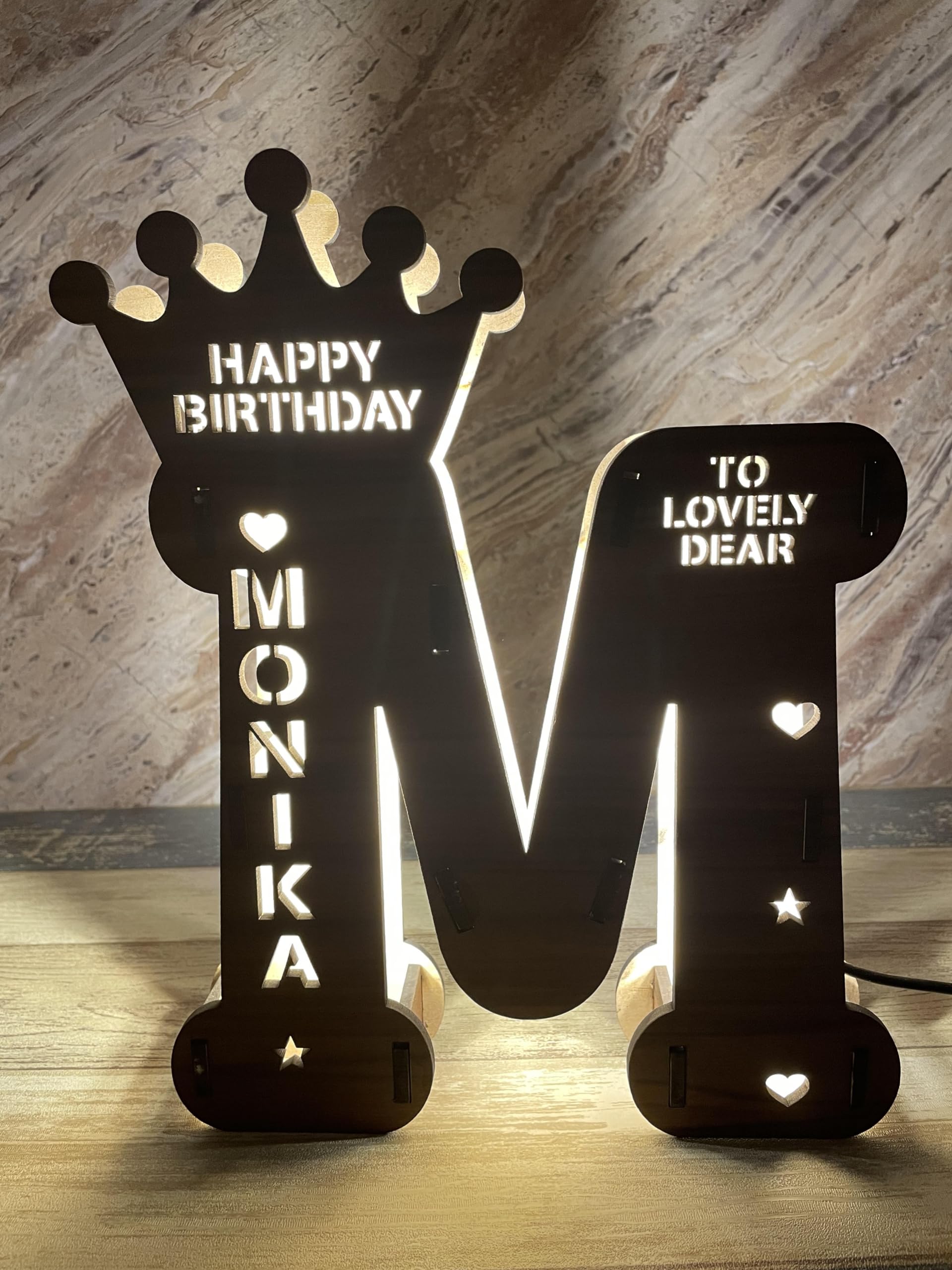 COCO PHOTO GIFTS Wooden Alphabet Led Lamp Customized And Personalized With Any Alphabet(A-Z) Name And Date Amazing Gift 12X10X2 Inch (Brown, Pack of 1)