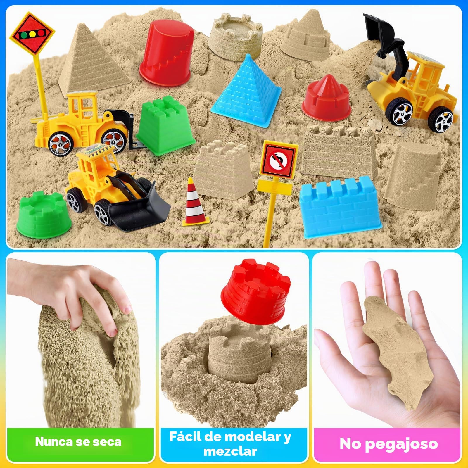 ESSENSON Arena Juguetes Mágica para Niños, Arena Juguete con 6 Vehículos de Construcción y 6 Moldes de Castillo, Regalo Cumpleaños para Niños de 3 a 8 Años