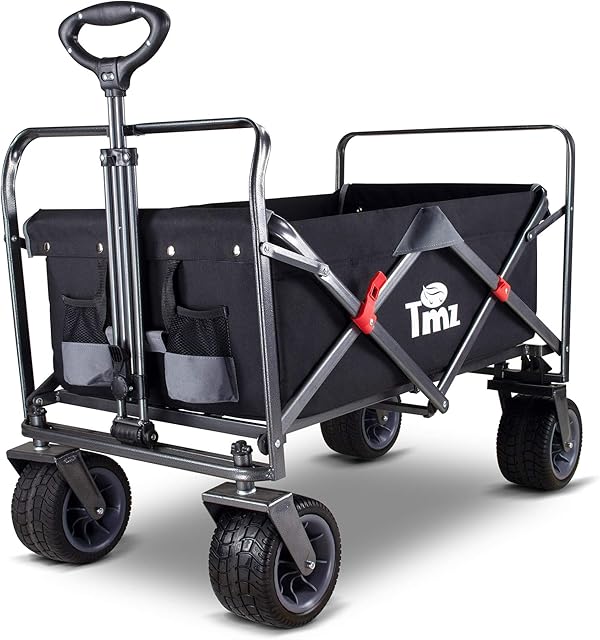 TMZ Folding Wagon Cart Collapsible Outdoor Utility Beach Wagon,All-terrain Handcart Shopping Trolley with 264lbs Capacity-Black/Grey