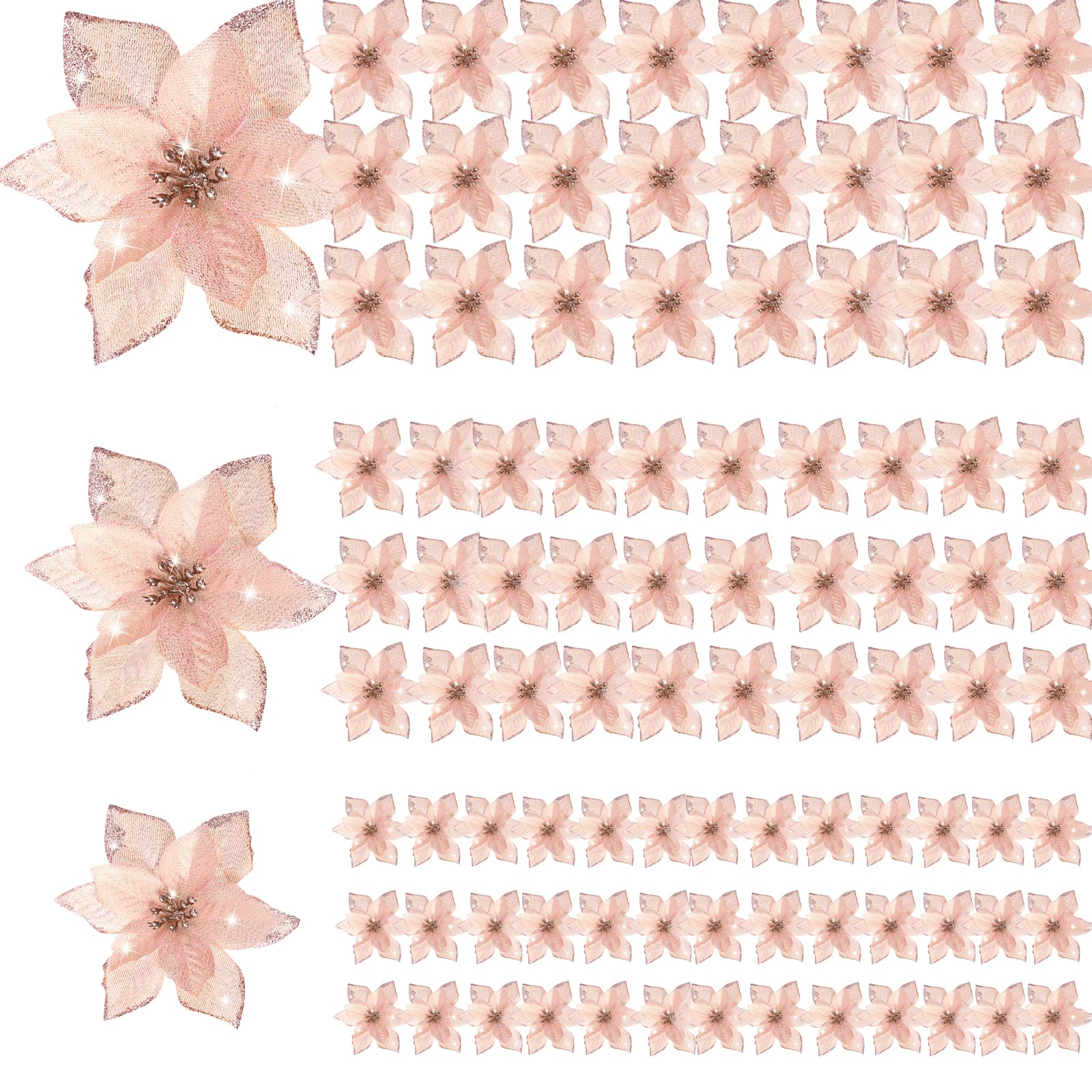 Geosar 100 Pcs 3 Size Christmas Poinsettia Flowers with Clips Glitter Artificial Flowers Small Christmas Tree Ornaments Faux for Xmas Party DIY Craft Wreath Garland New Year, 3/4/6 Inches(Rose Gold) โ image 1