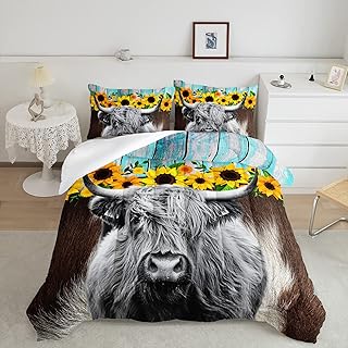Highland Cattle Flower Comforter Set Queen Size Bull Cattle Bedding Set Western Funny Animal Bedding Set Wildlife Farmhouse Cow Quilt Set Sunflowers Comforter Set for Kids Teens Boys Girls Adults