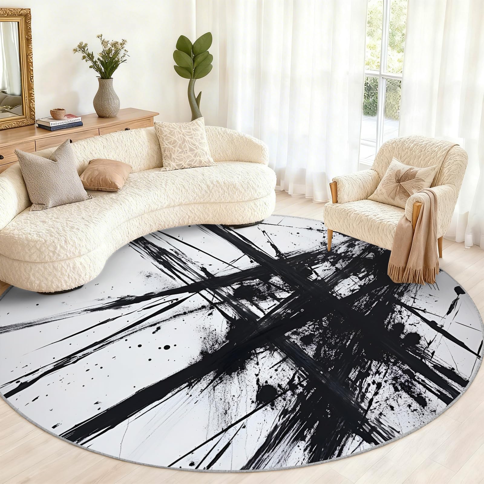 Grand tapis rond 200 cm lavable motif graffiti abstrait pour salon