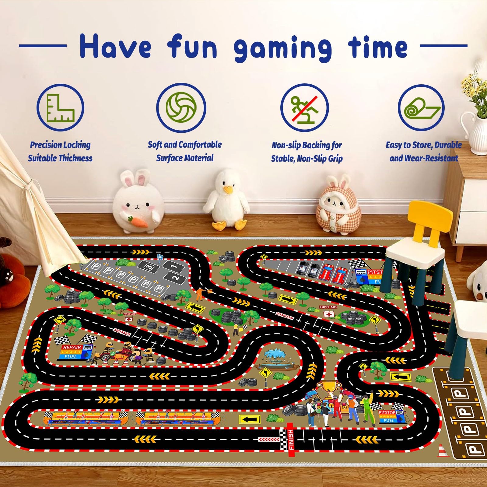 Kids Car Rug for Play Toy Cars, Race Track Playmat Carpet Kid Play Road Rug for Playroom Classroom Kids Room,Karting Road Racing Track Floor Mat Rug for Bedroom Nursery Toddlers 2.6x3.9ft