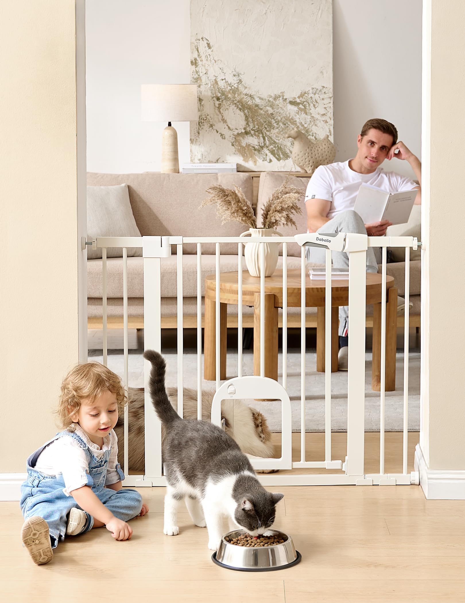 Babelio Baby Gate with Adjustable Cat Door,29-43" Auto Close Durable Pet door for Stairs,Doorways and House,Pressure Mounted,Easy Install,Effortless Walk Thru,White