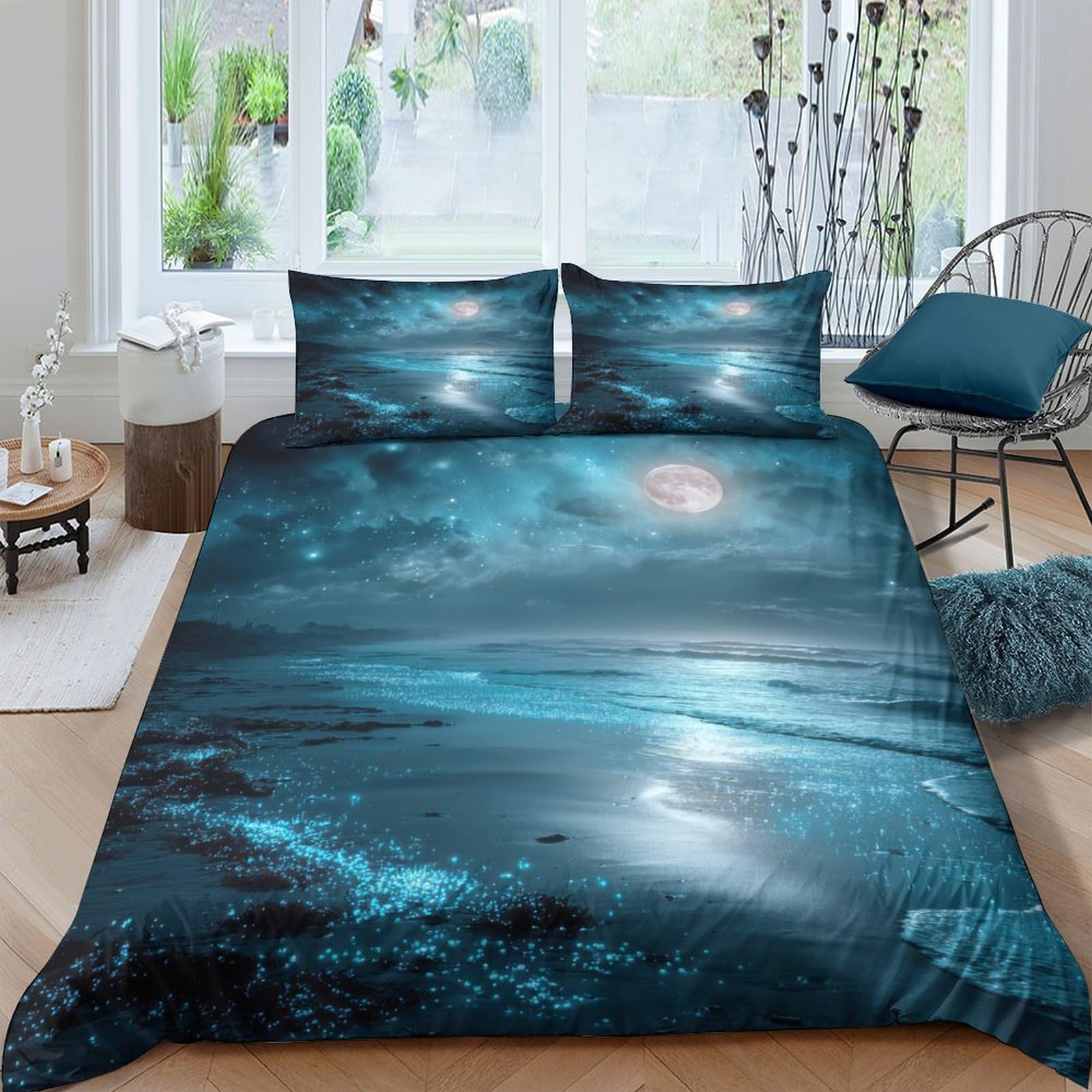 Ctjqhvkz Style-1 3D Printed Moonlit Ocean Fitted Sheet Microfiber Soft Blue Night Sky Mattress Cover For Bedroom Guest Room Decor Single（135X200cm）