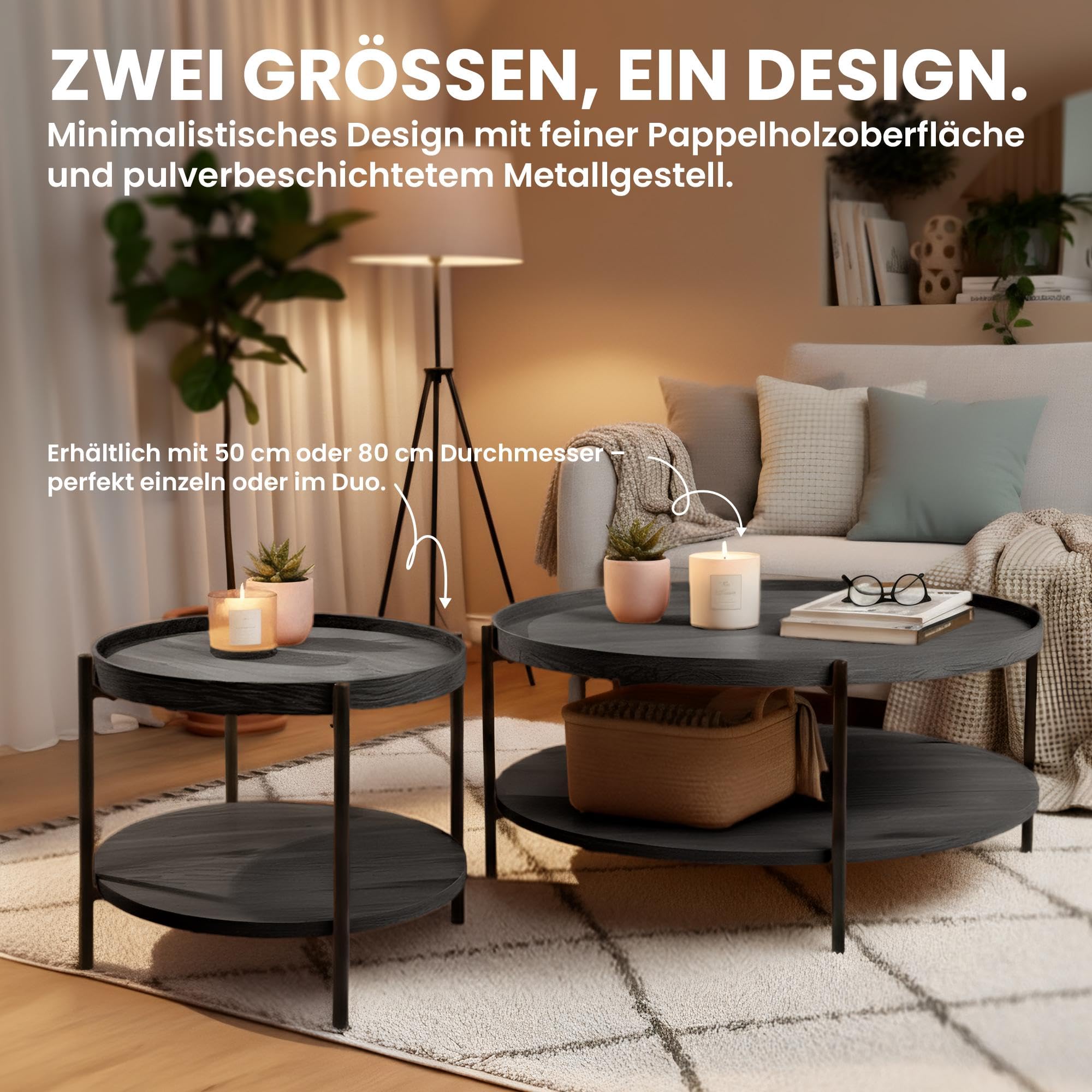 CLP Couchtisch rund Holz Corbitan, Sofatisch 2 Ebenen mit Stauraum, Beistelltisch klein Metallgestell schwarz, Farbe:grau, Größe:Ø 50 cm