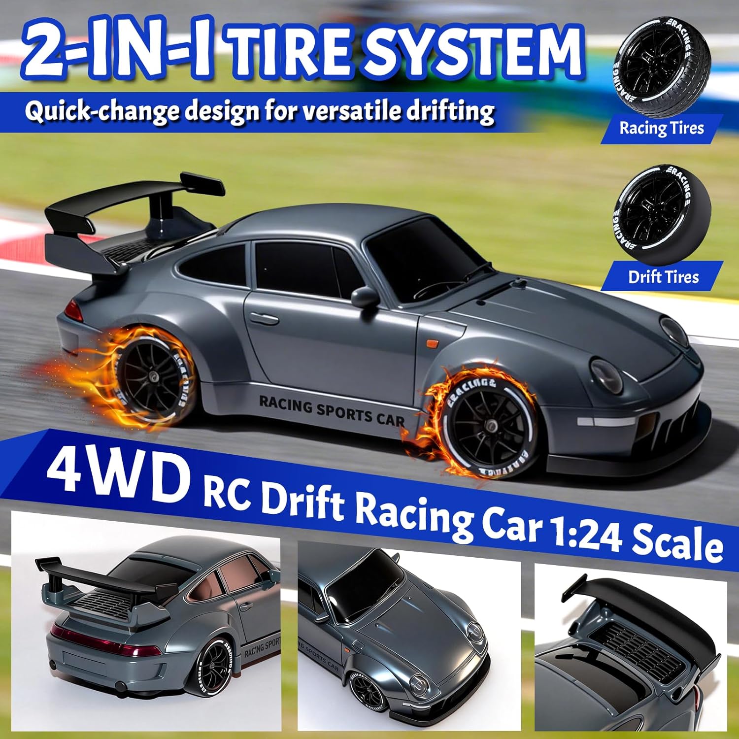 TOPLIVING RC Drift Car, 1:24 Remote Control Car for Kids, 20KM/H 4WD High Speed RC Cars with LED Lights, Two Batteries, Extra Drifting Tires, Vehicle for Adults Boys Girls