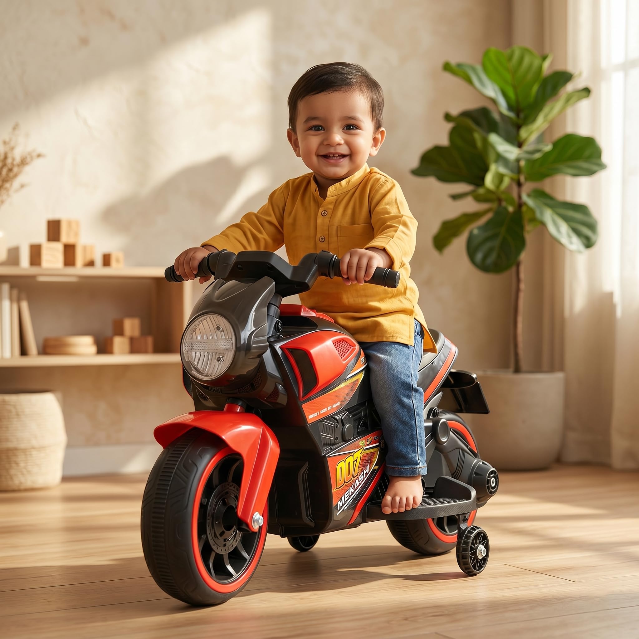 MEKASHI 6V Electric Ride-On Bike for Kids with Bluetooth Music (Red) | Realistic styling with LED headlight, rechargeable battery & smooth ride performance for toddlers aged 1-4 years-image-43