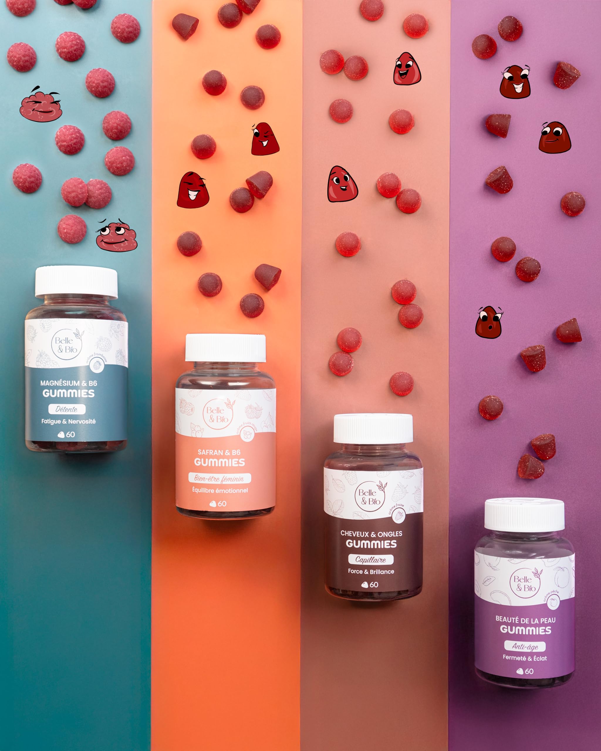 Belle&Bio - Gummies Magnésium & Vitamine B6 - Sérénité intérieure & énergie retrouvée - Compléments Alimentaires - Made in France - Magnésium, Vitamine B6 - Cure 1 mois - 60 Gummies
